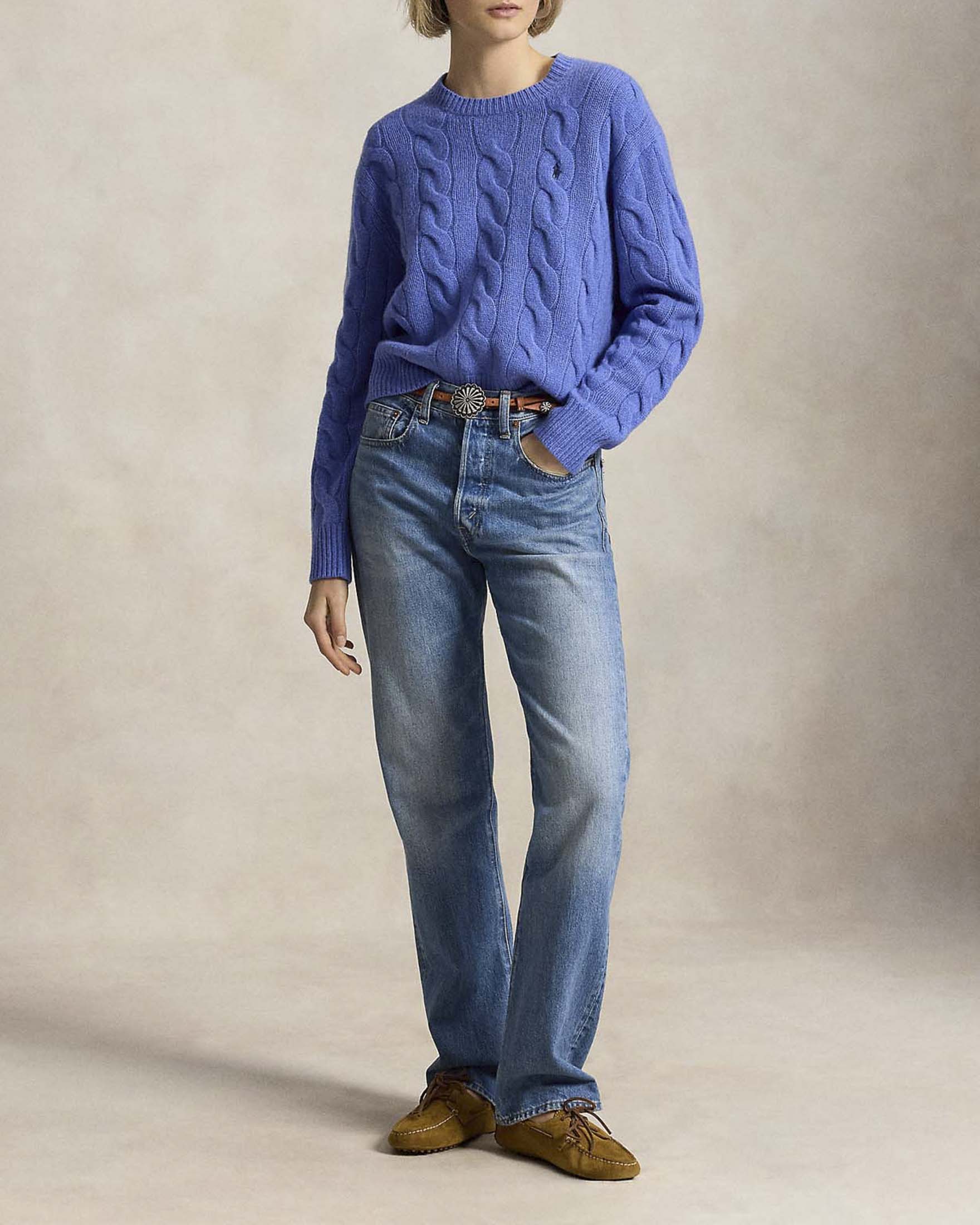 Maglione girocollo Polo Ralph Lauren blu in lana e cashmere con maxi trecce e logo Pony ricamato image