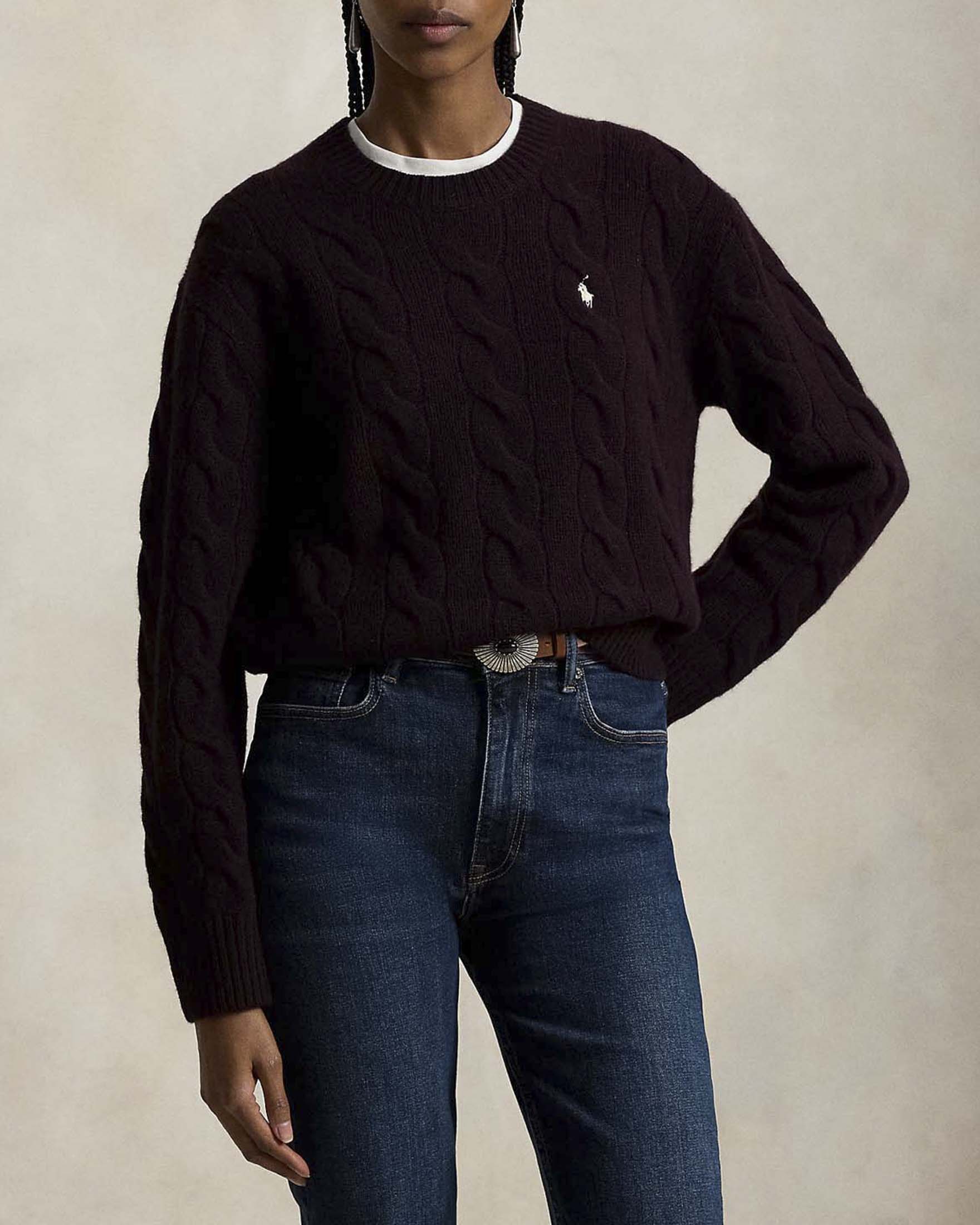 Maglione girocollo Polo Ralph Lauren color vino in lana e cashmere con maxi trecce e Pony ricamato