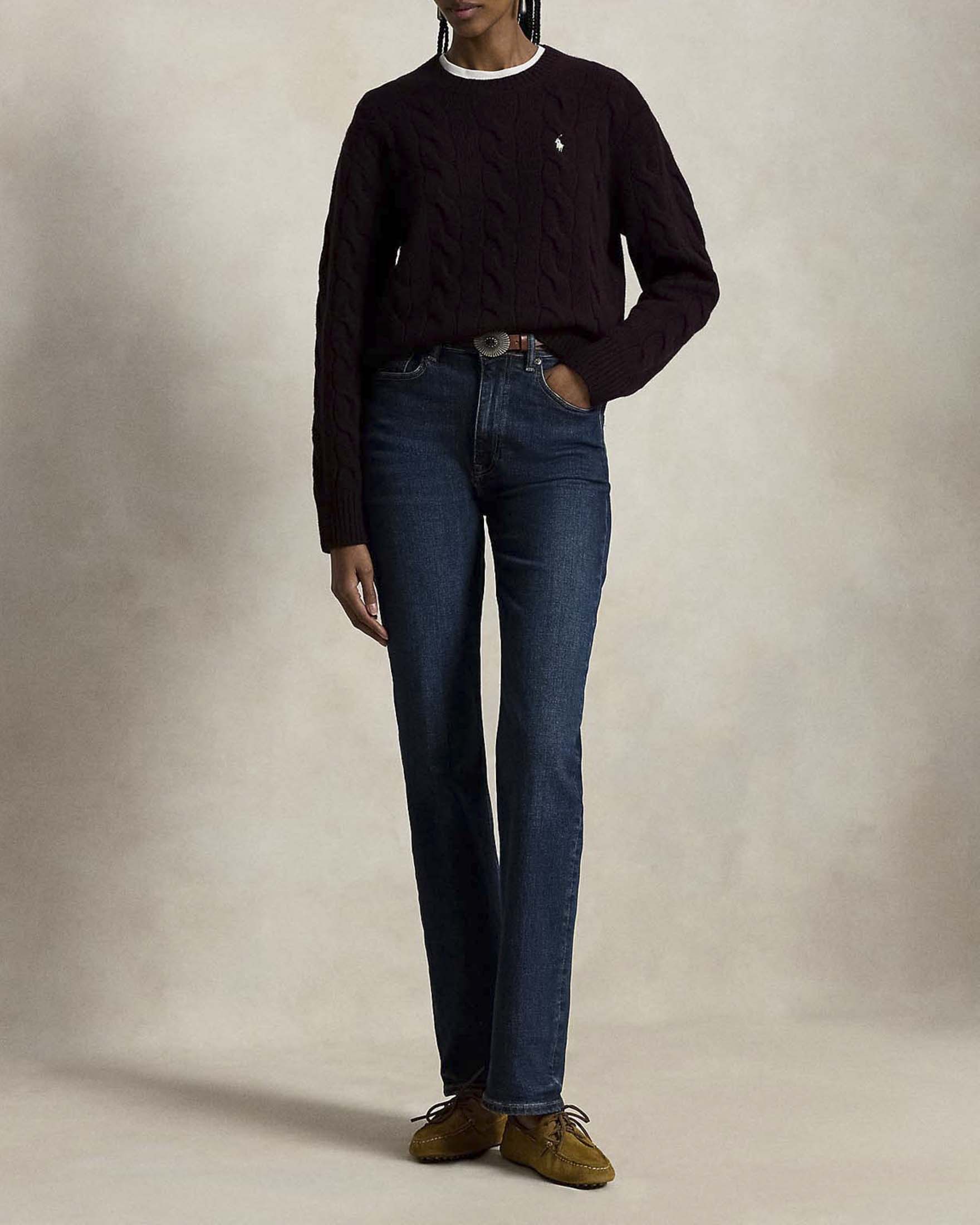 Maglione girocollo Polo Ralph Lauren color vino in lana e cashmere con maxi trecce e Pony ricamato image