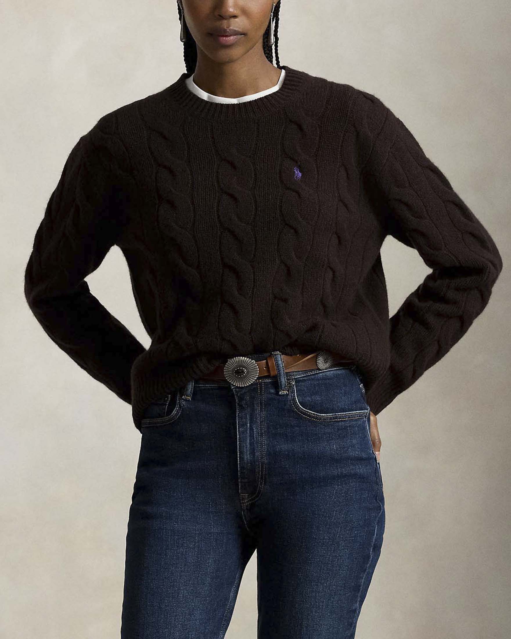 Maglione girocollo Polo Ralph Lauren marrone in lana e cashmere con maxi trecce e Pony ricamato