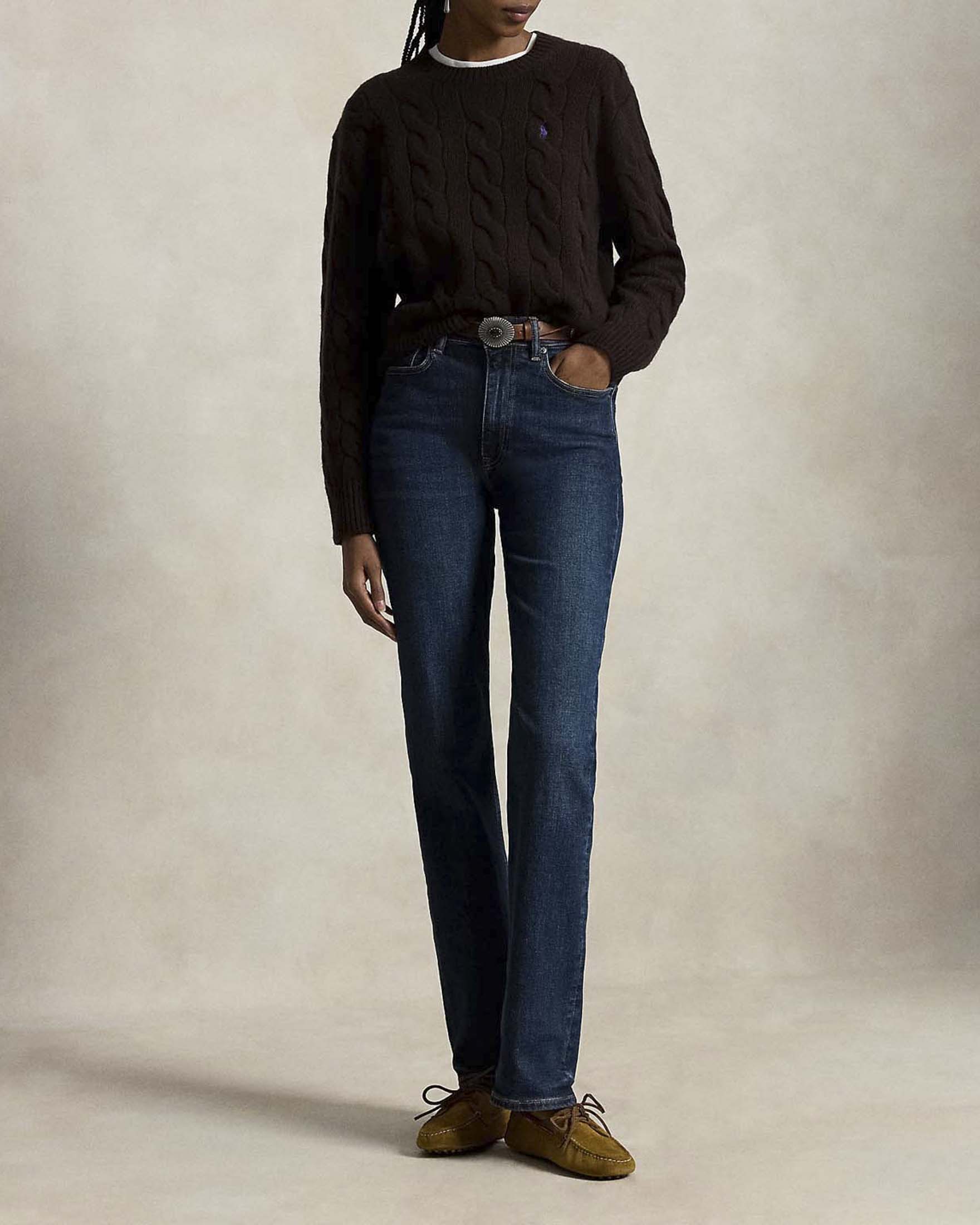 Maglione girocollo Polo Ralph Lauren marrone in lana e cashmere con maxi trecce e Pony ricamato image