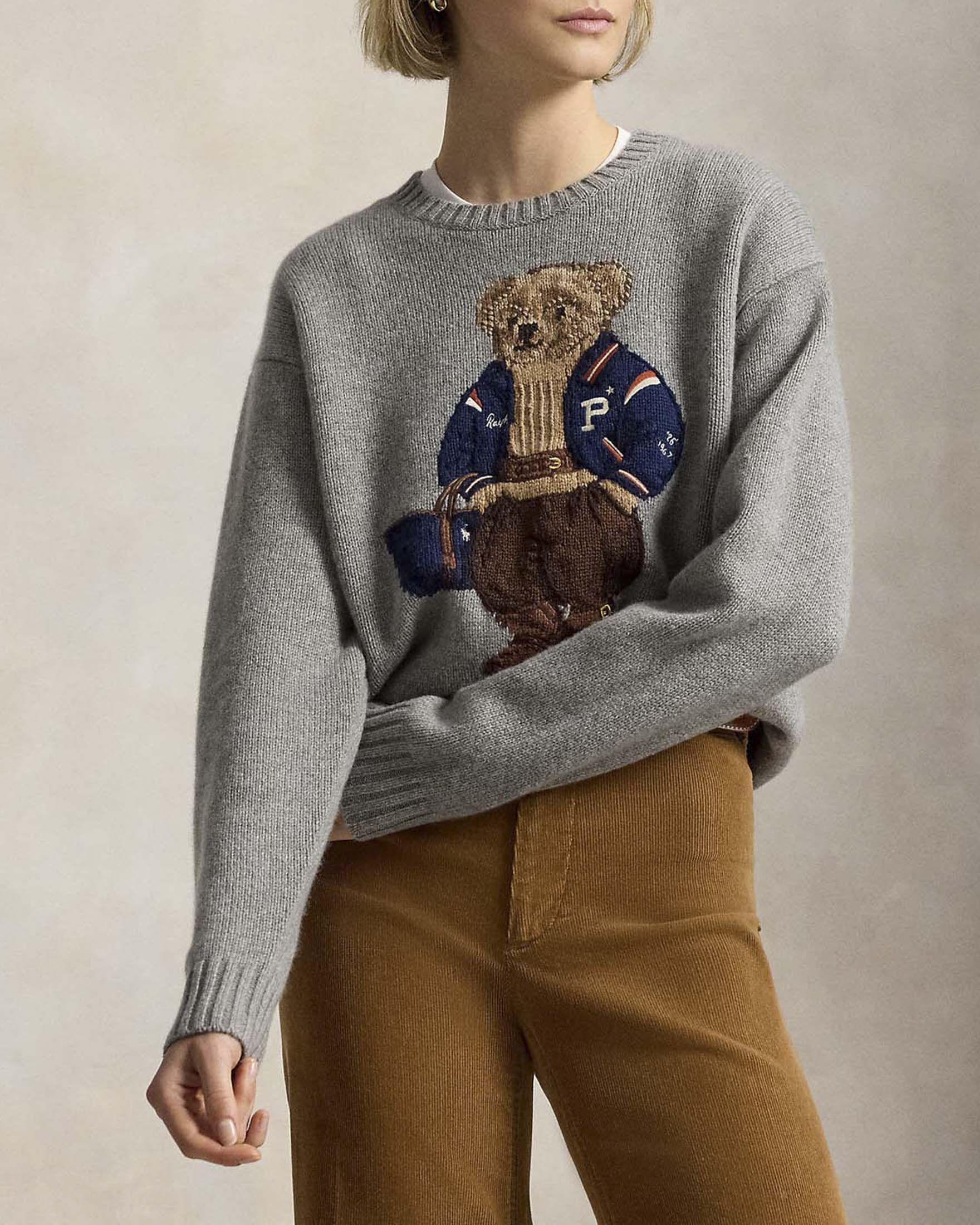 Maglione girocollo Polo Ralph Lauren grigio in lana e cachemire con Polo Bear ricamato