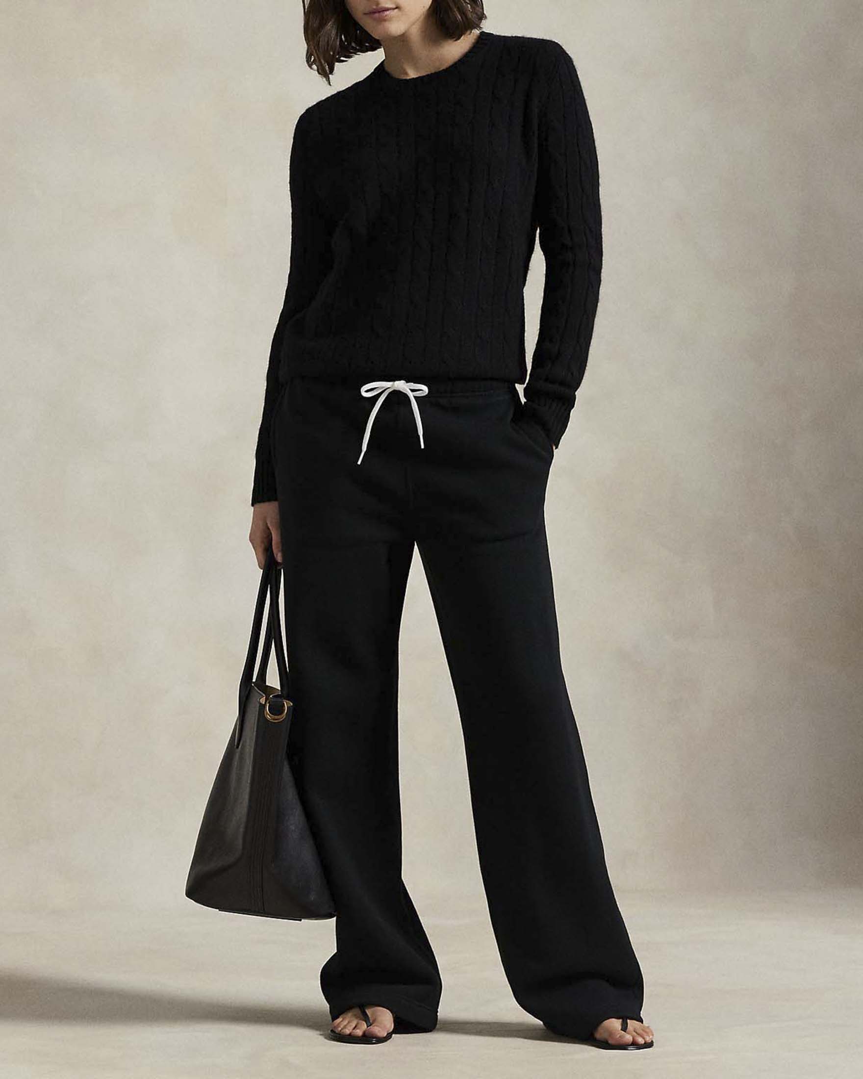 Pantaloni joggers wide leg Polo Ralph Lauren neri in cotone con coulisse e Pony ricamato