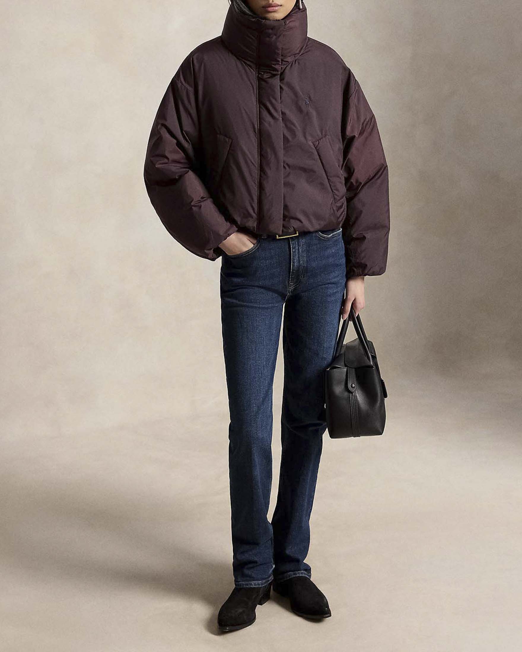 Piumino corto ovesize Polo Ralph Lauren color vino imbottito idrorepellente con logo Pony ricamato image