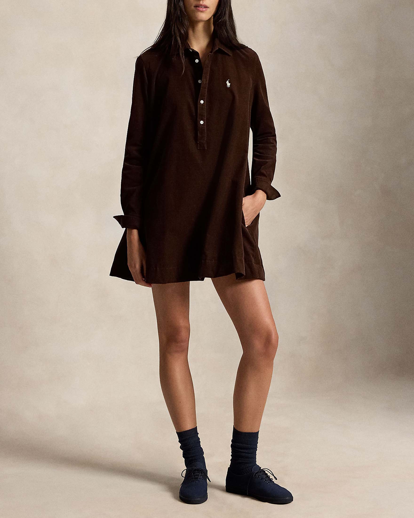 Abito chemisier corto Polo Ralph Lauren color moro in velluto di cotone con linea svasata