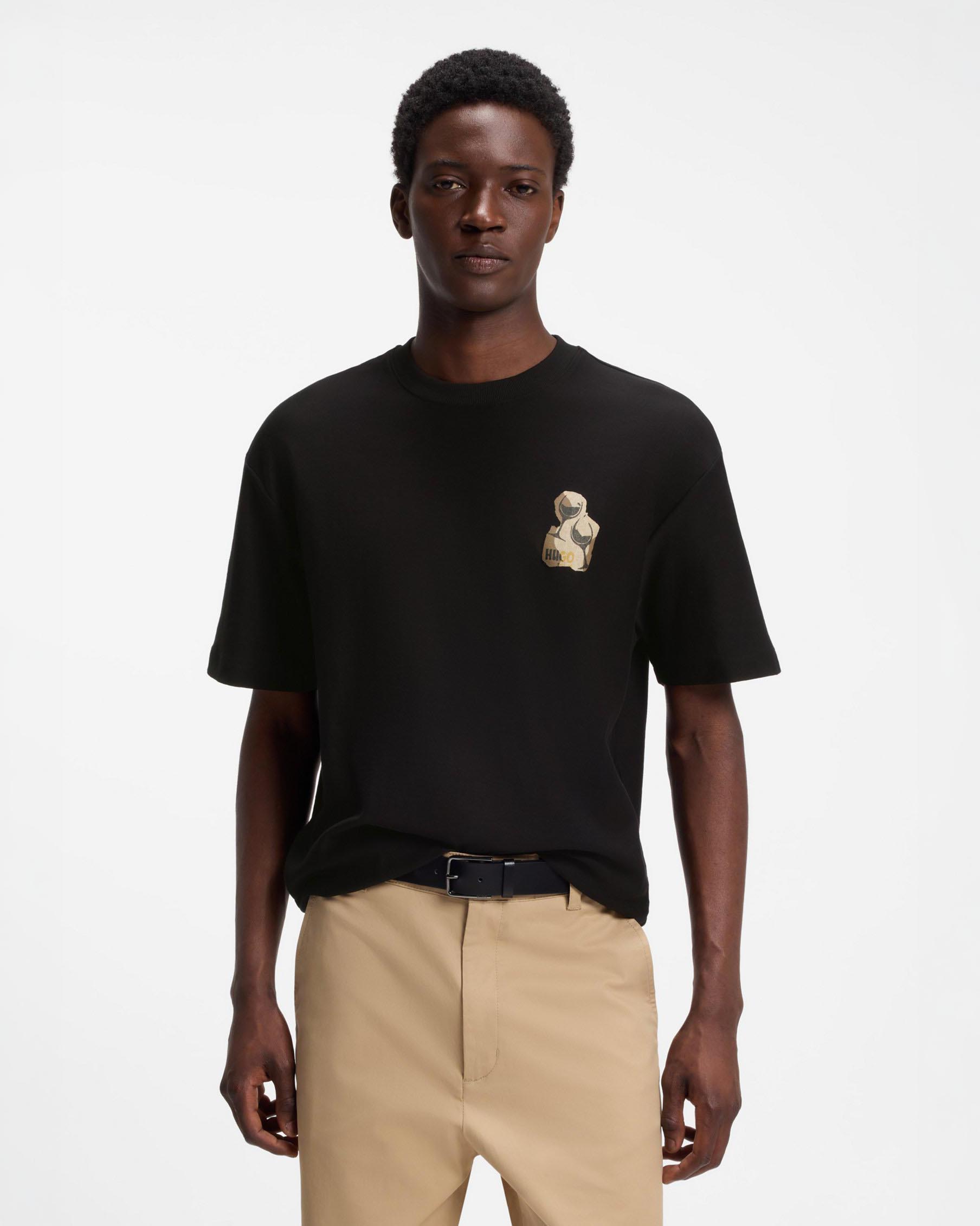 T-shirt Hugo nera relaxed fit in cotone con stampa fronte e retro
