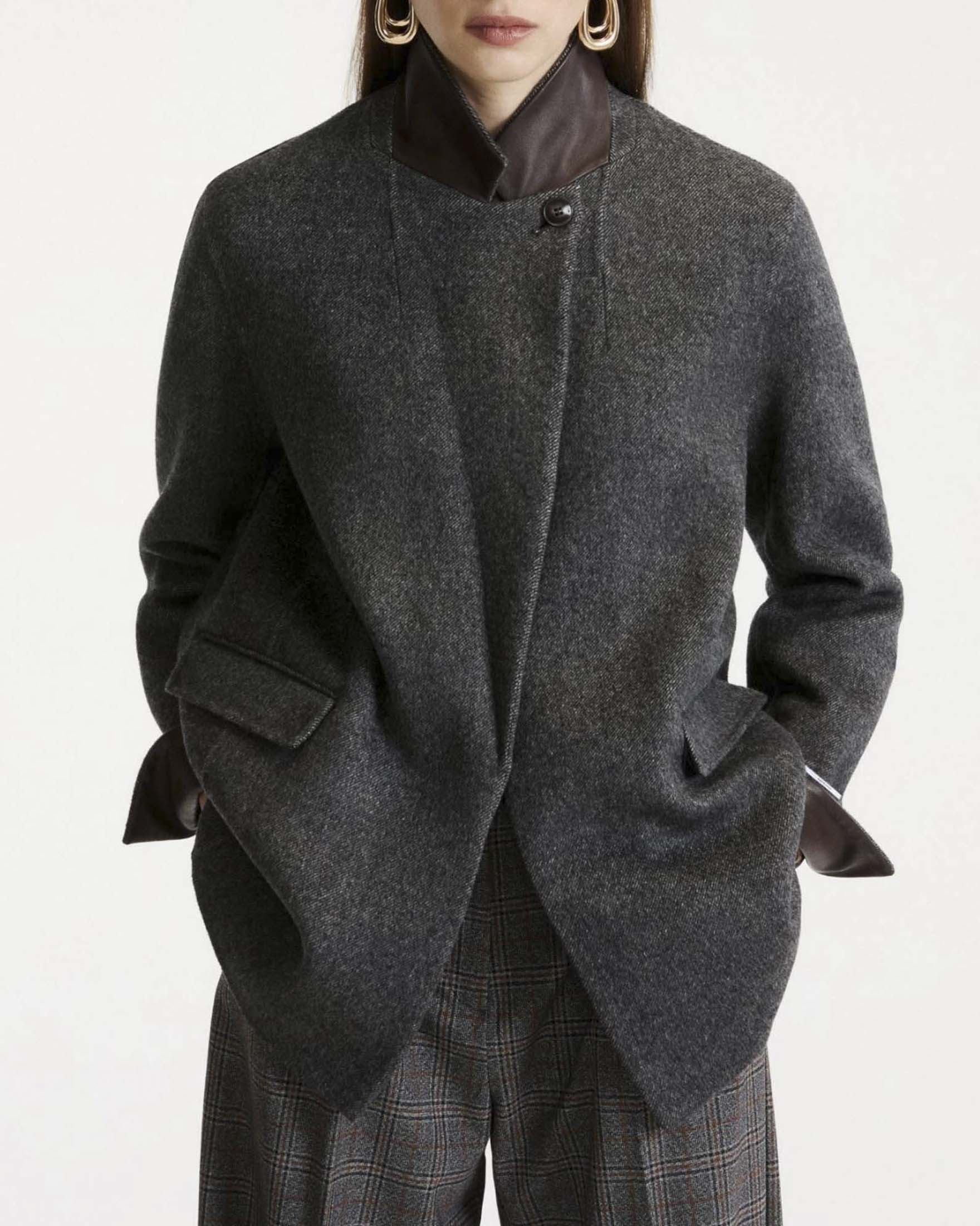 Blazer Marella Sport grigio e marrone in double di pura lana con dettagli in pelle