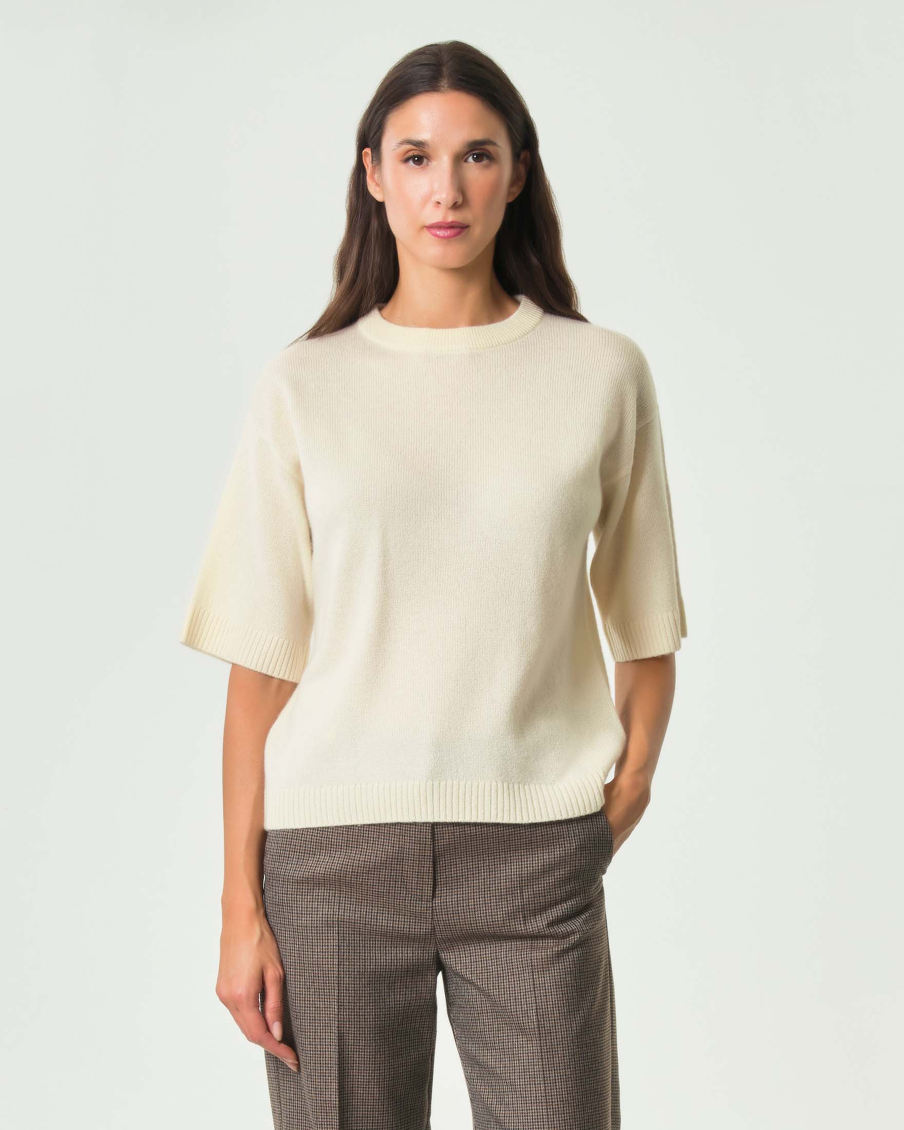 Maglia mezze maniche Marella Sport color panna in lana e cachemire con spalla scesa e bordi a costine