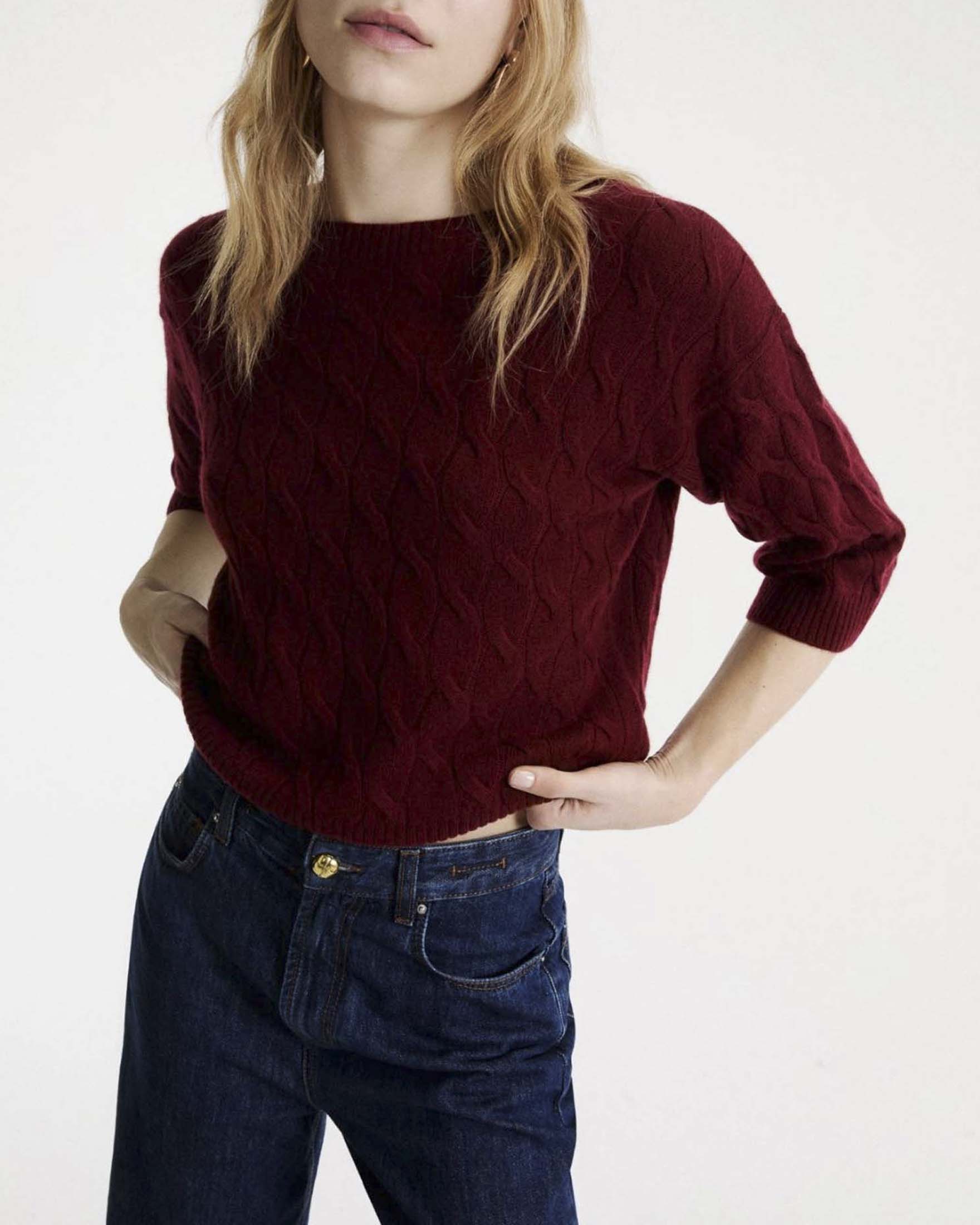 Maglia girocollo Marella Sport bordeaux in lana e cashmere con lavorazione a trecce