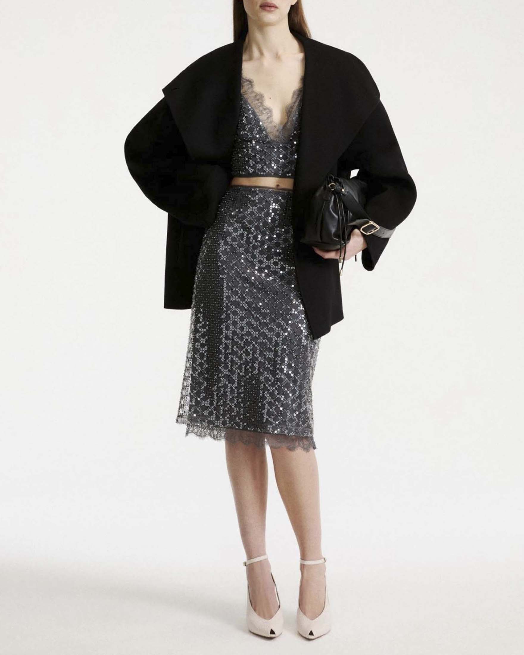 Gonna midi tubino Marella Sport grigia in tulle con paillettes e perline ricamate argento