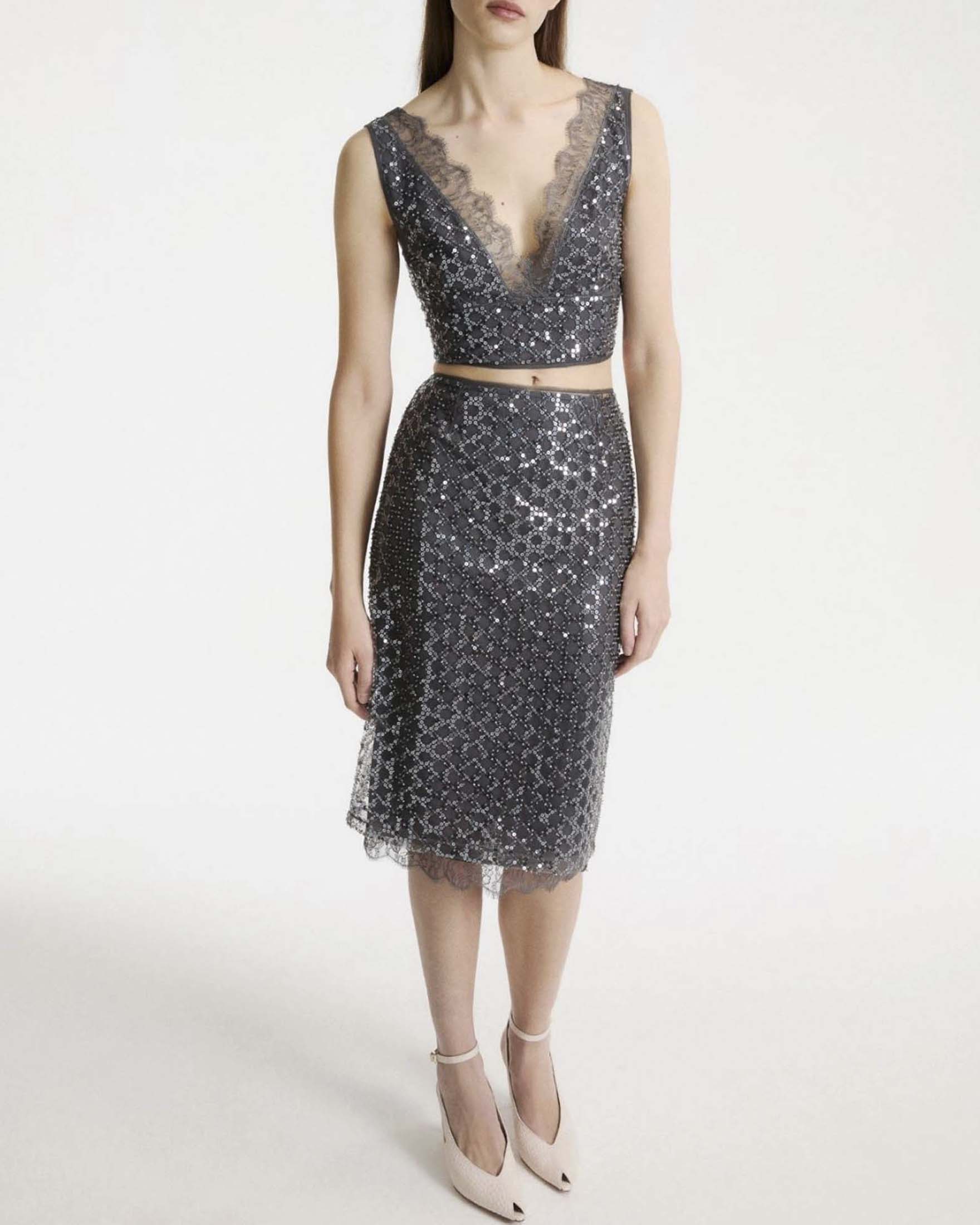 Gonna midi tubino Marella Sport grigia in tulle con paillettes e perline ricamate argento image