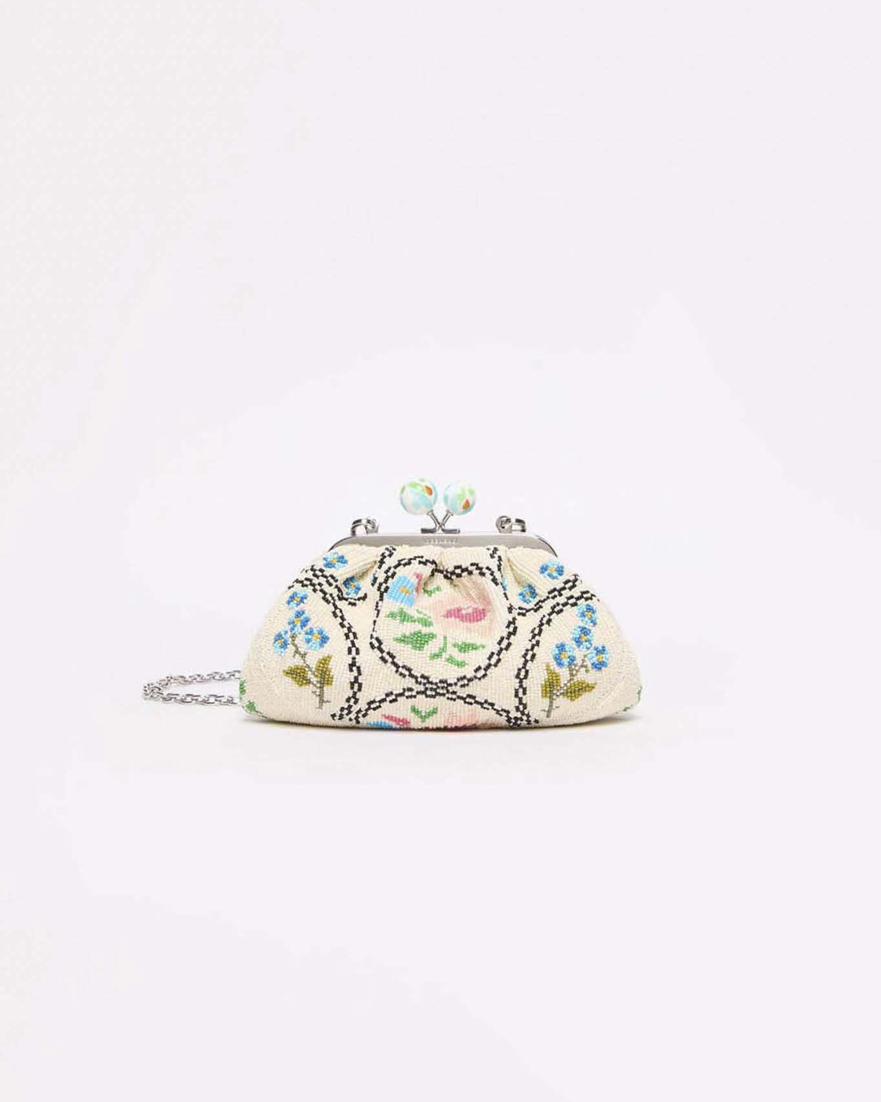 Pasticcino Bag Extra Small Weekend Max Mara bianca in cotone ricamata con perline multicolor