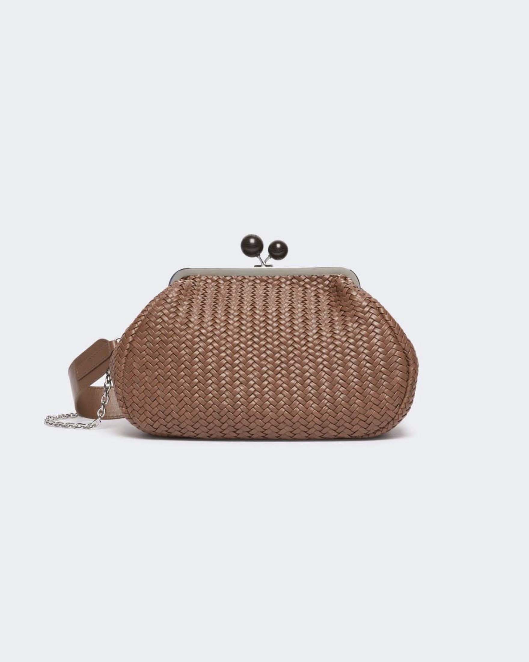 Pasticcino Bag Medium Weekend Max Mara color cuoio in pelle intrecciata con doppia tracolla