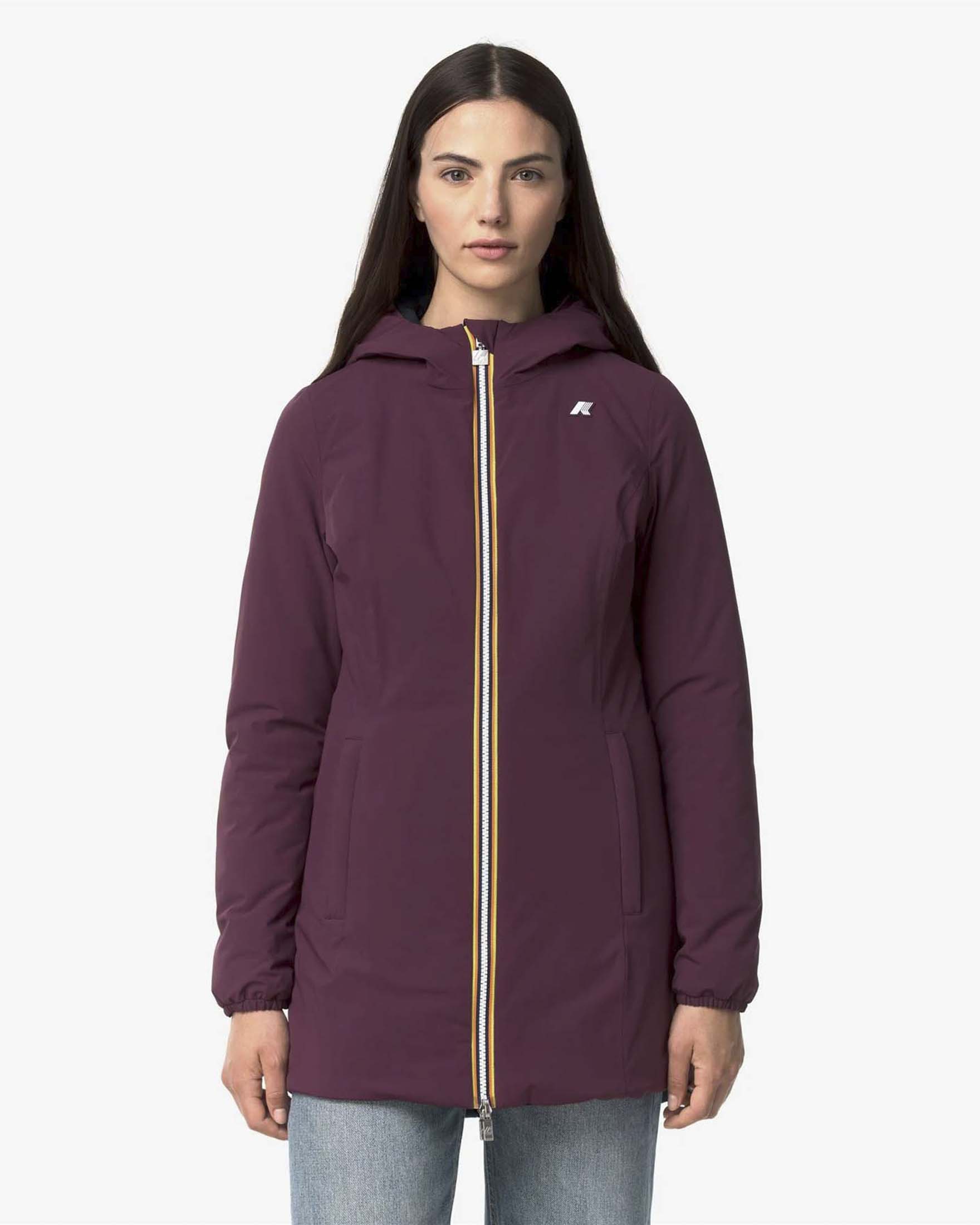 Giacca midi Warm Denise K-way imbottita reversibile nel color bordeaux e blu con cappuccio