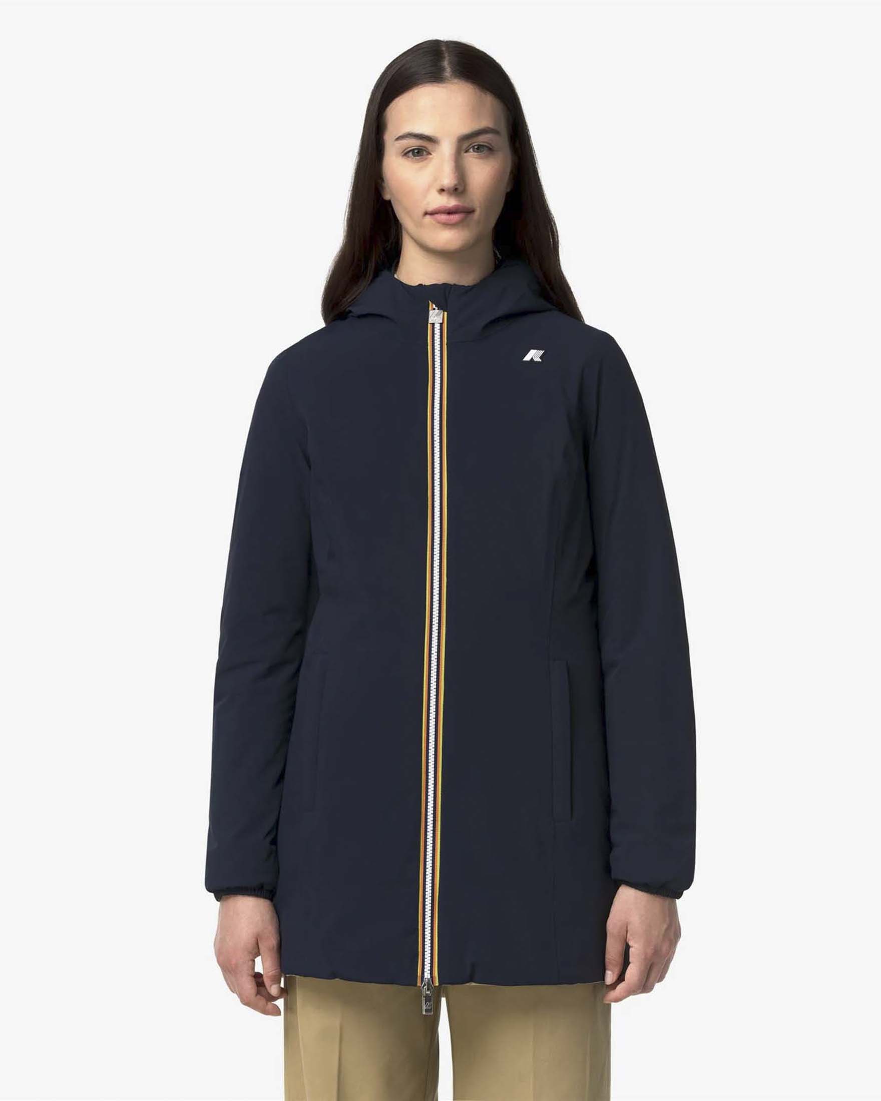 Giacca midi Warm Denise K-way imbottita reversibile nel colore blu e kaki con cappuccio