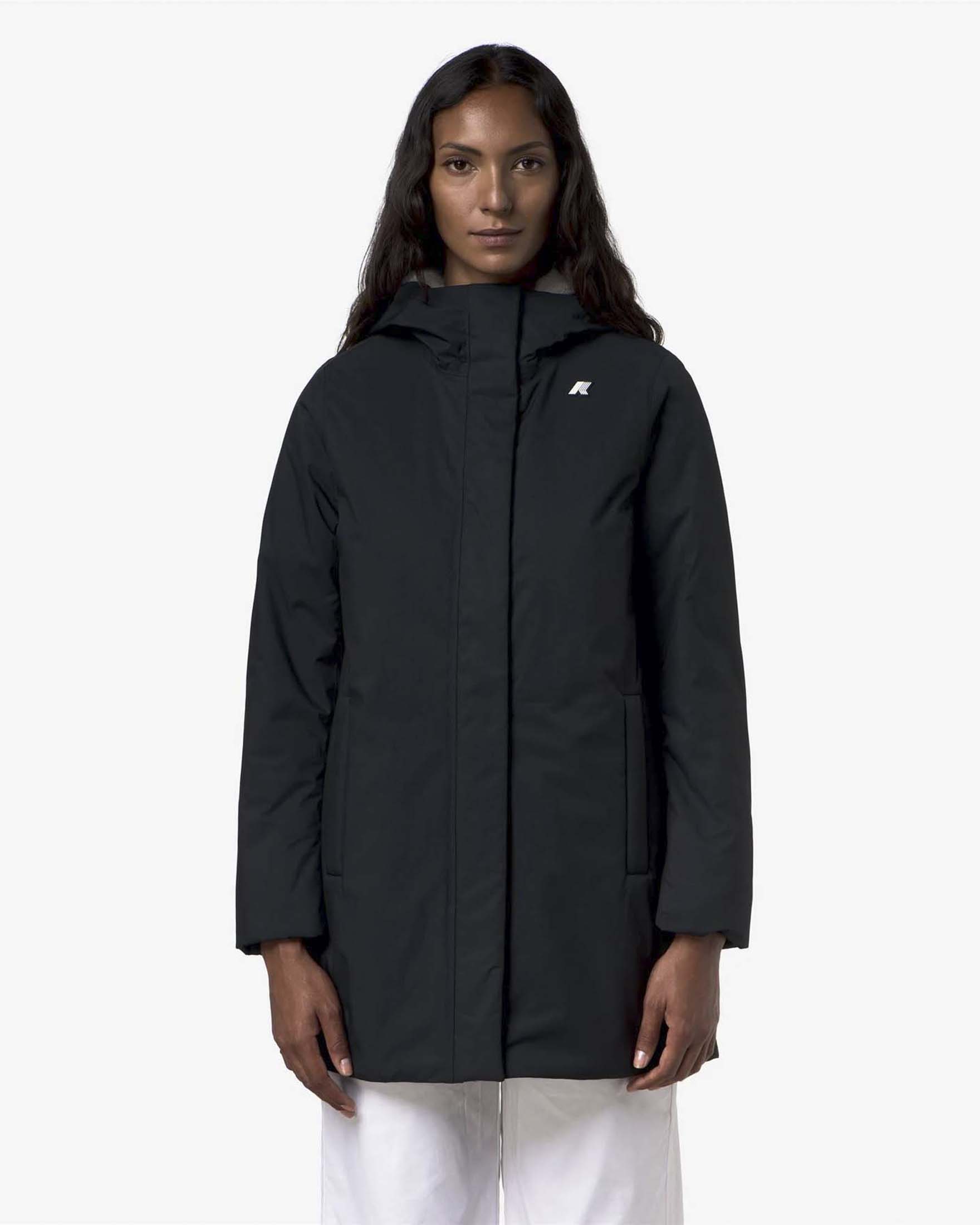 Giacca midi Sophie Twill Soft Beaver K-way nera con fodera interna in ecopelliccia