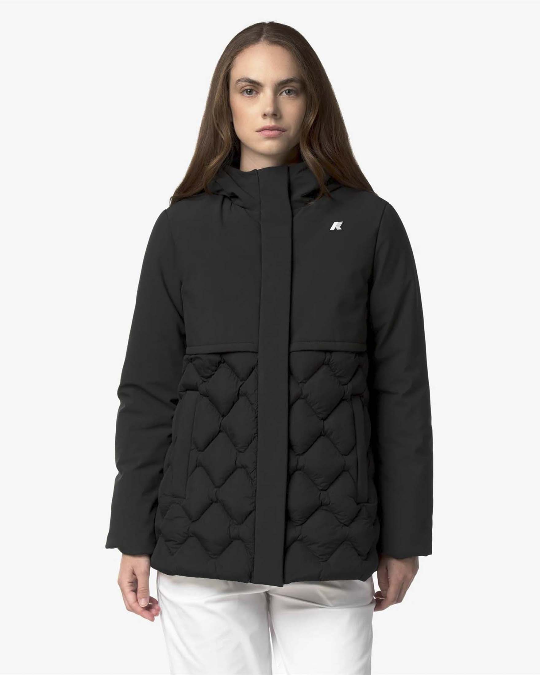 Giacca Siphane Hybrid Warm Shell K-Way nera con dettagli a forme geometriche
