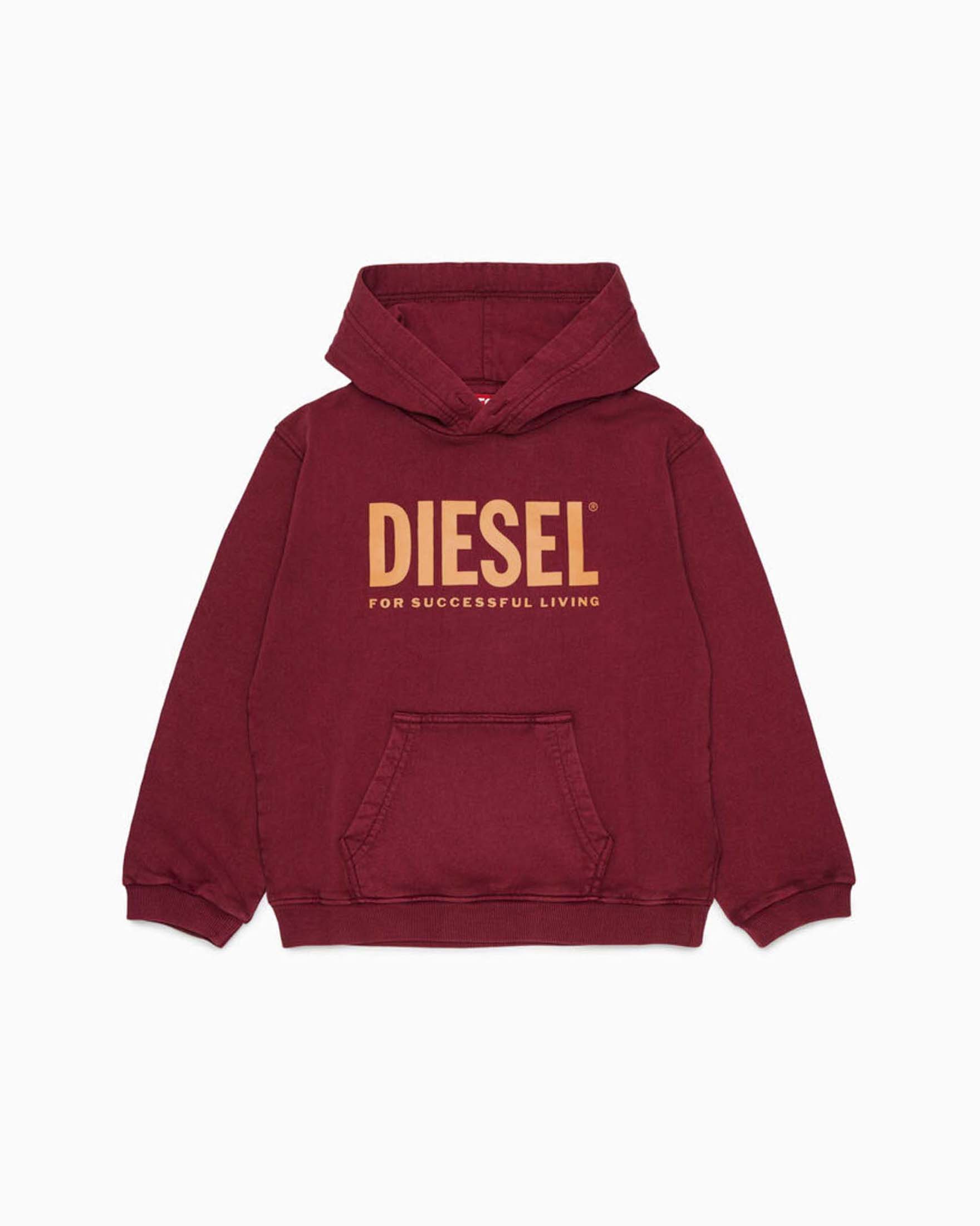 Felpa Diesel bordeaux con scritta logo gialla e cappuccio fisso