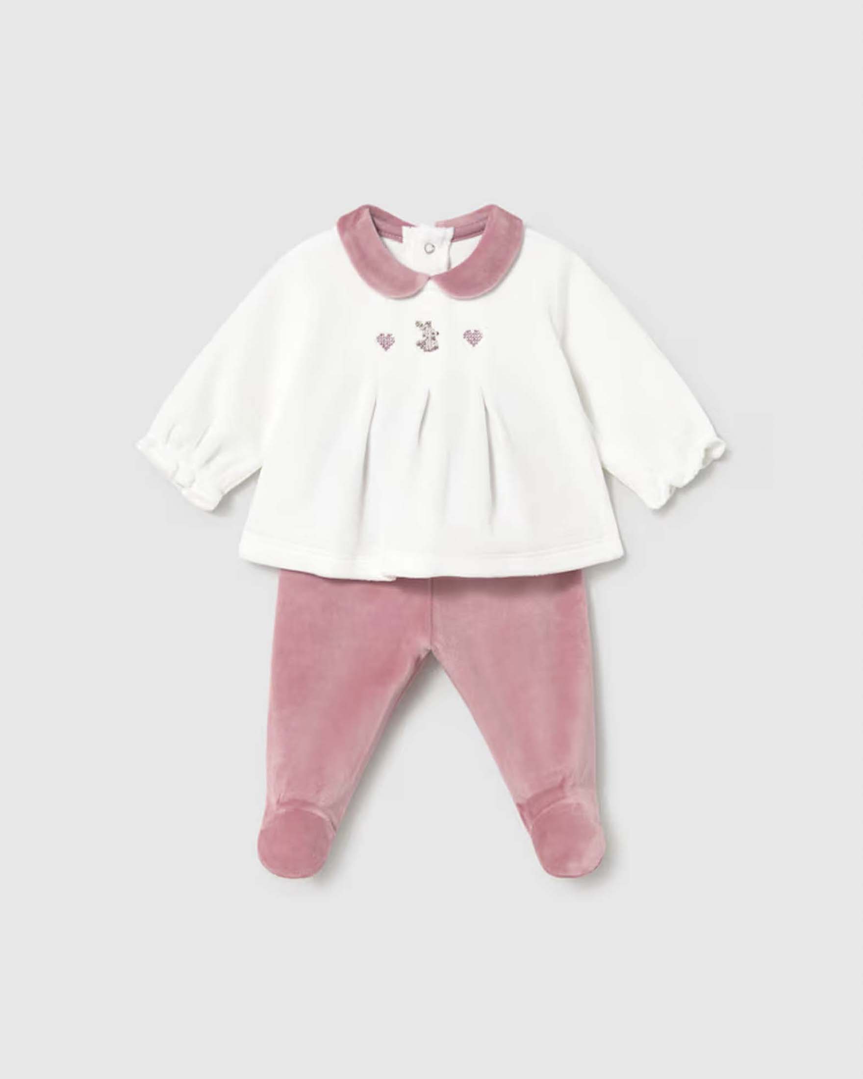 Completo Mayoral bianco e rosa in misto cotone con ricamo orsetto