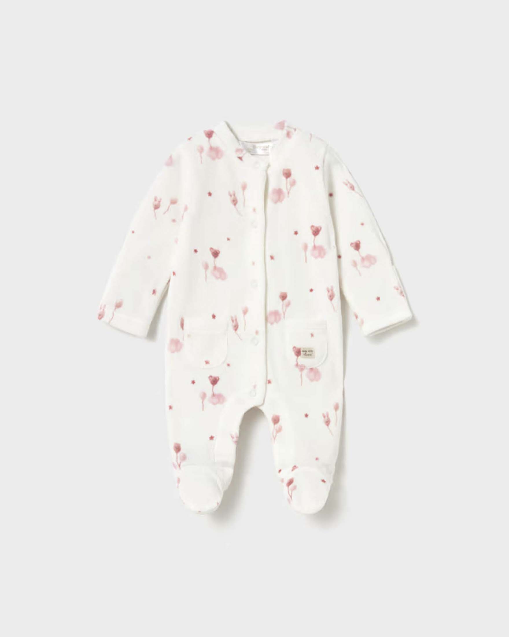 Tutina Mayoral bianca con stampa floreale rosa in ciniglia di misto cotone