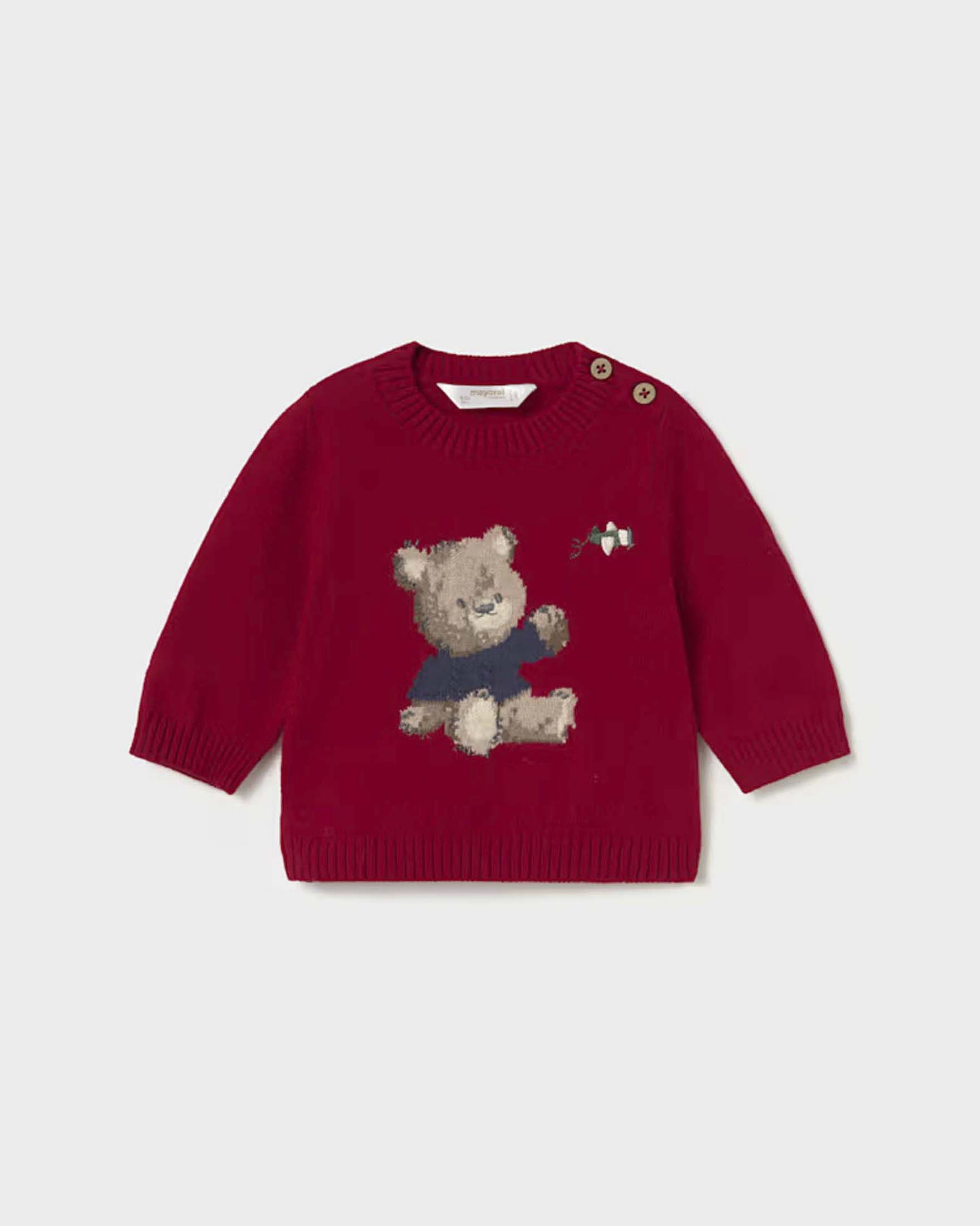 Maglione Mayoral rosso in misto cotone con orsetto e bottoni sulla spalla