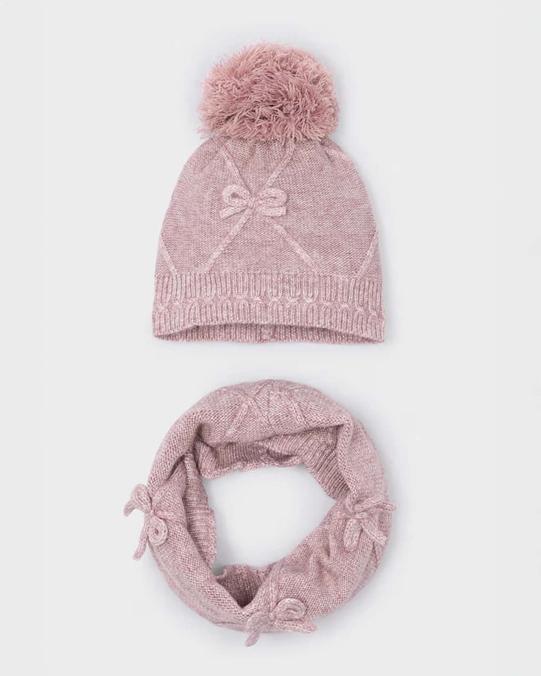 Set berretto e scaldacollo Mayoral rosa in misto viscosa con pompon e fiocchi