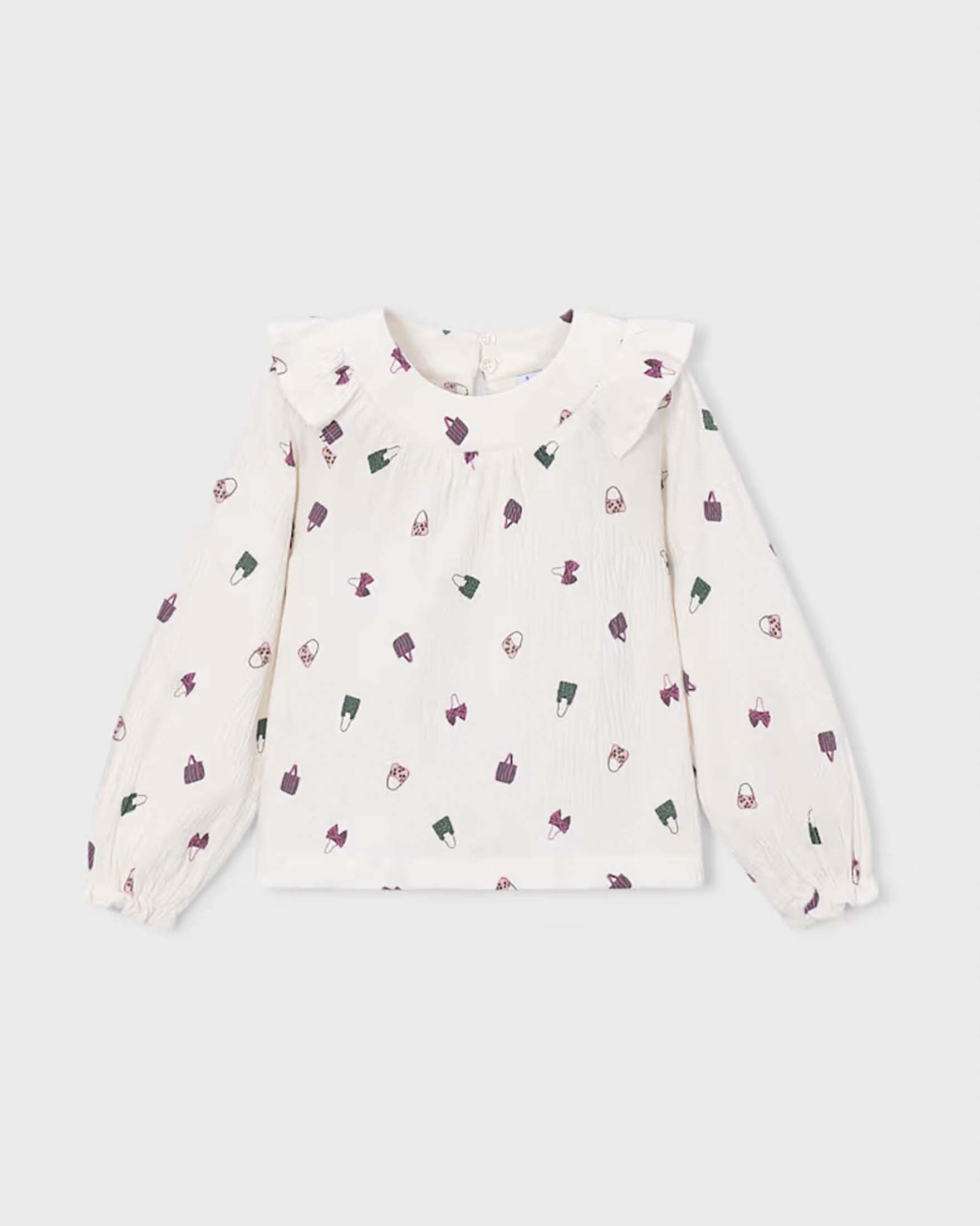 Camicia a maniche lunghe Mayoral avorio in misto cotone con stampa borse image