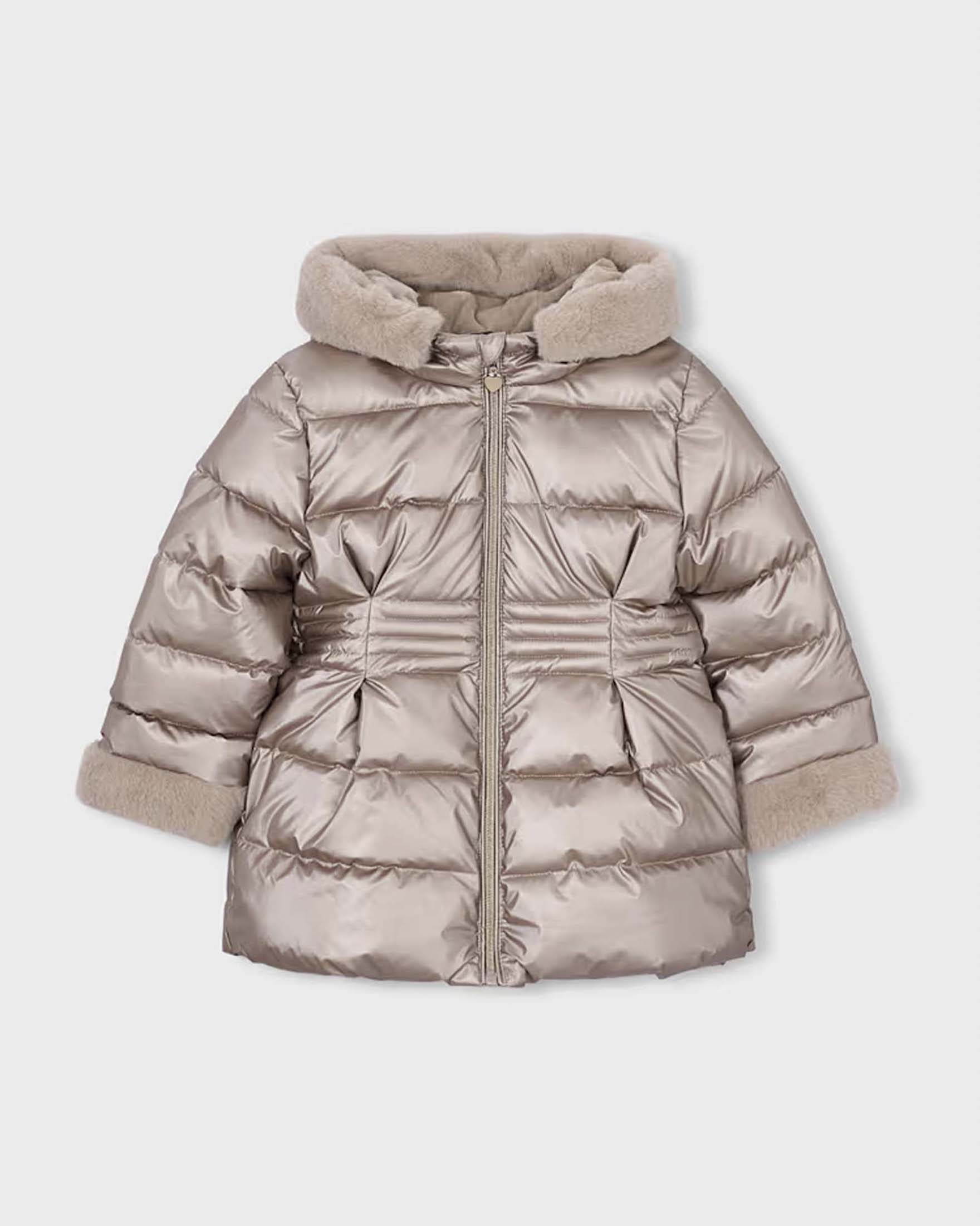 Giaccone trapuntato Mayoral beige metallizzato con cappuccio in ecopelliccia