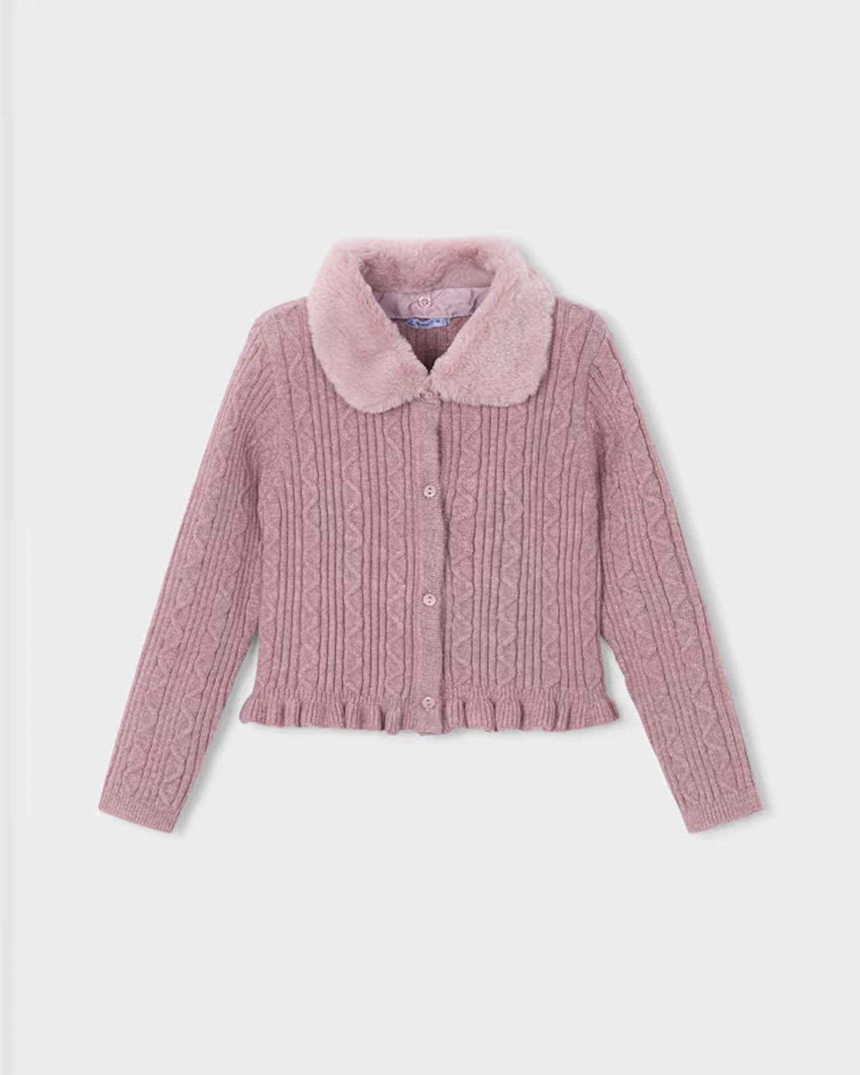 Cardigan Mayoral rosa a trecce in misto viscosa con collo in ecopelliccia