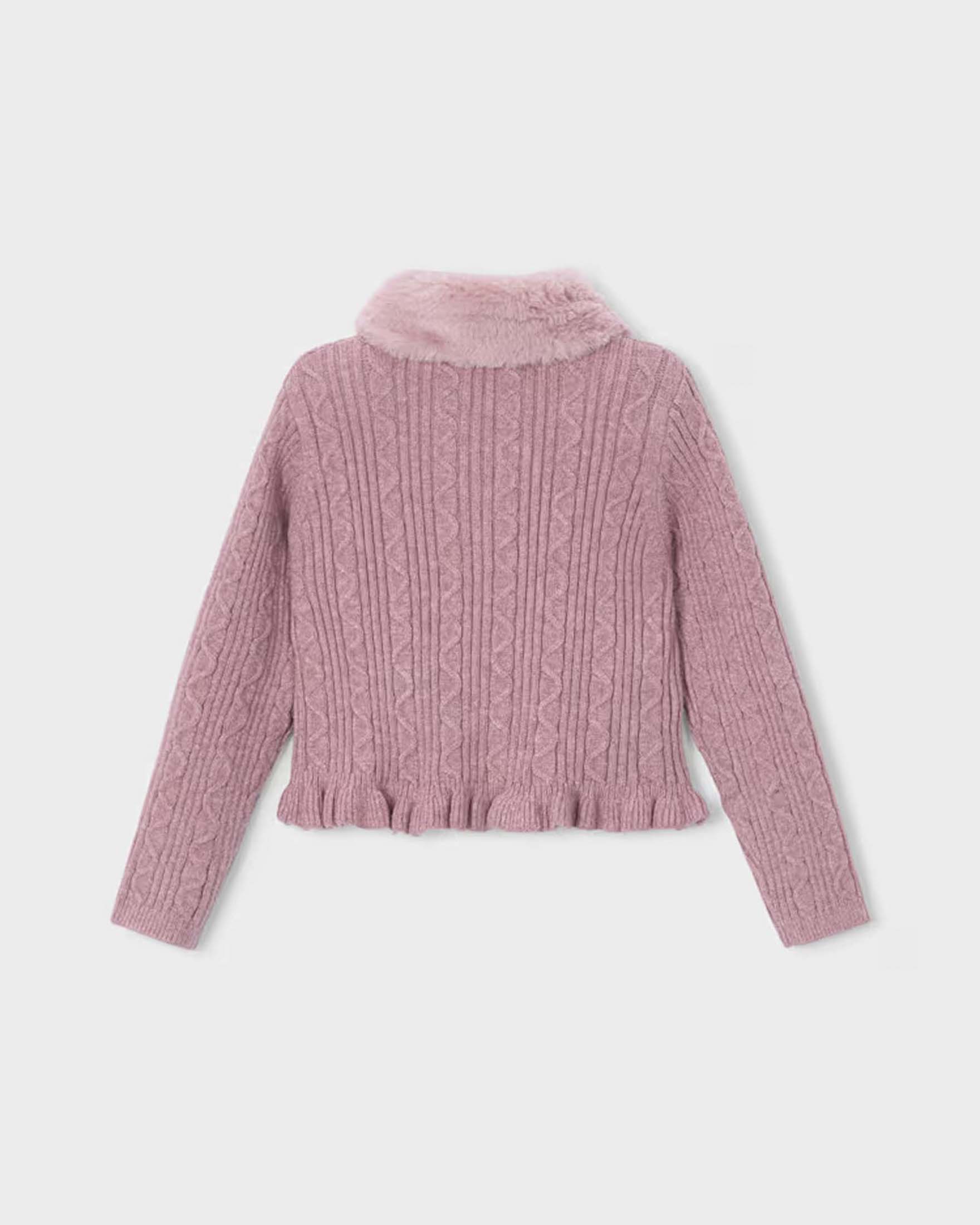 Cardigan Mayoral rosa a trecce in misto viscosa con collo in ecopelliccia image
