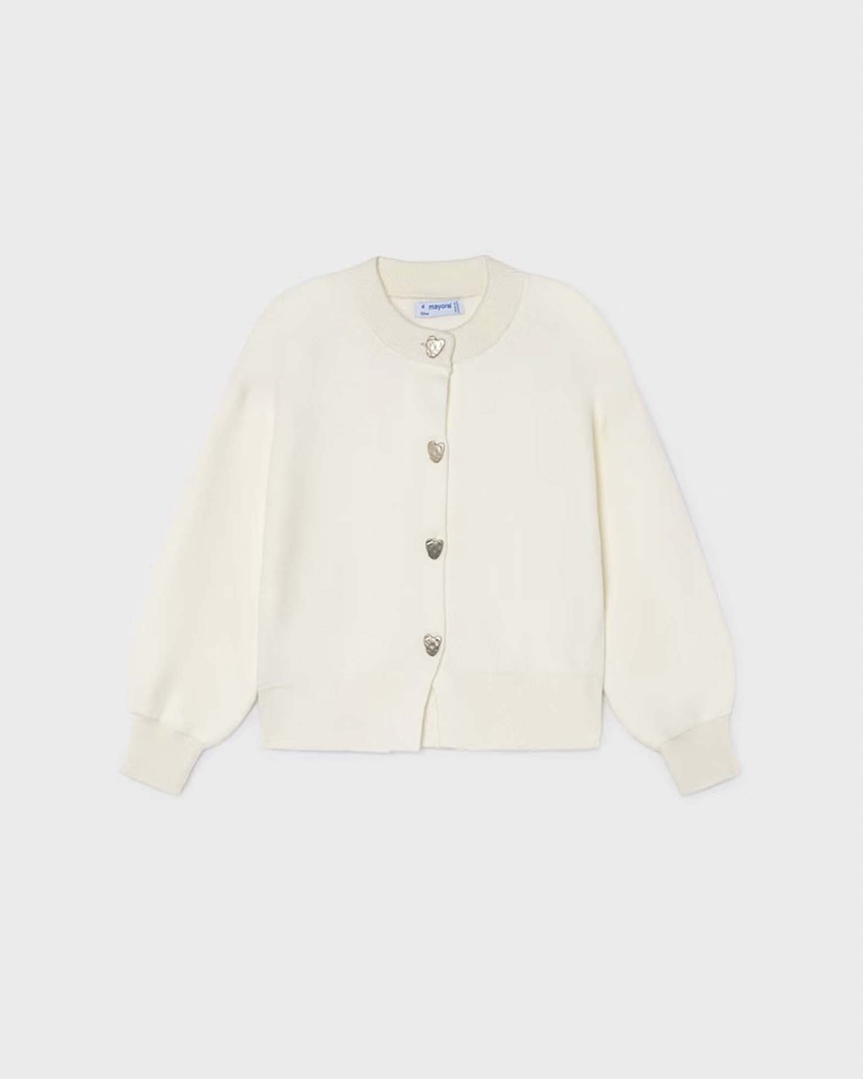 Cardigan Mayoral bianco in misto viscosa con bottoni a cuore metallici