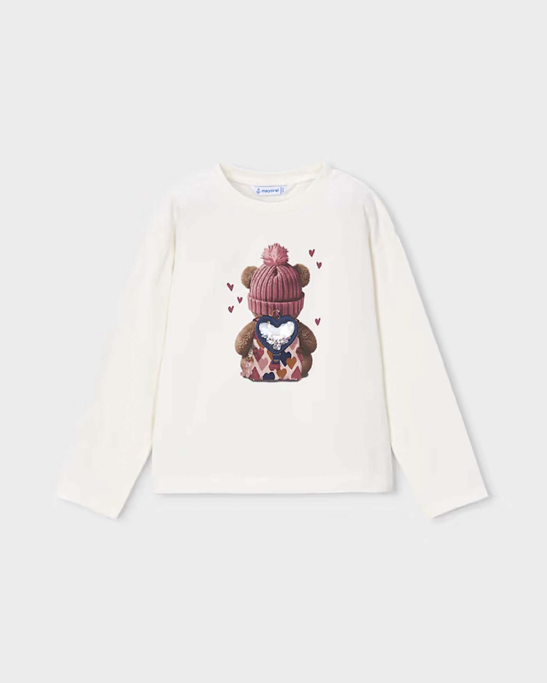 T-shirt manica lunga Mayoral bianca in misto cotone con stampa orsetto