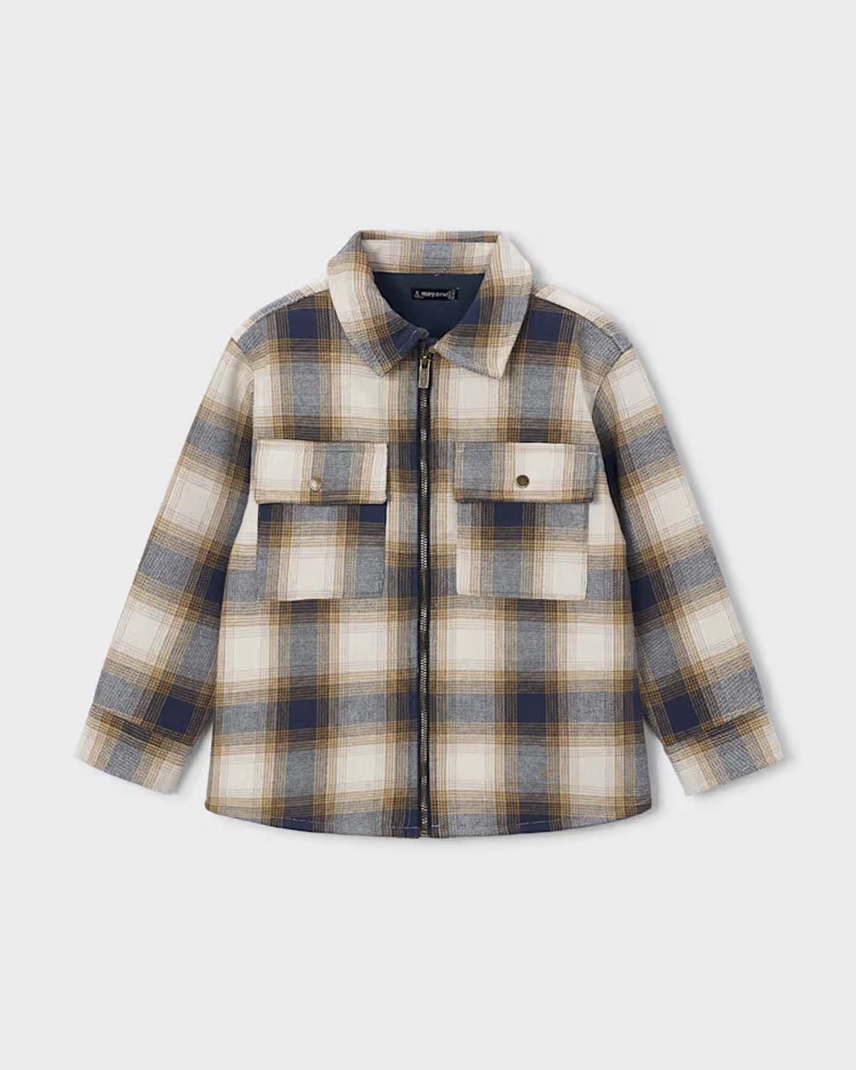 Giacca camicia Mayoral beige a quadri in misto cotone con chiusura a zip image
