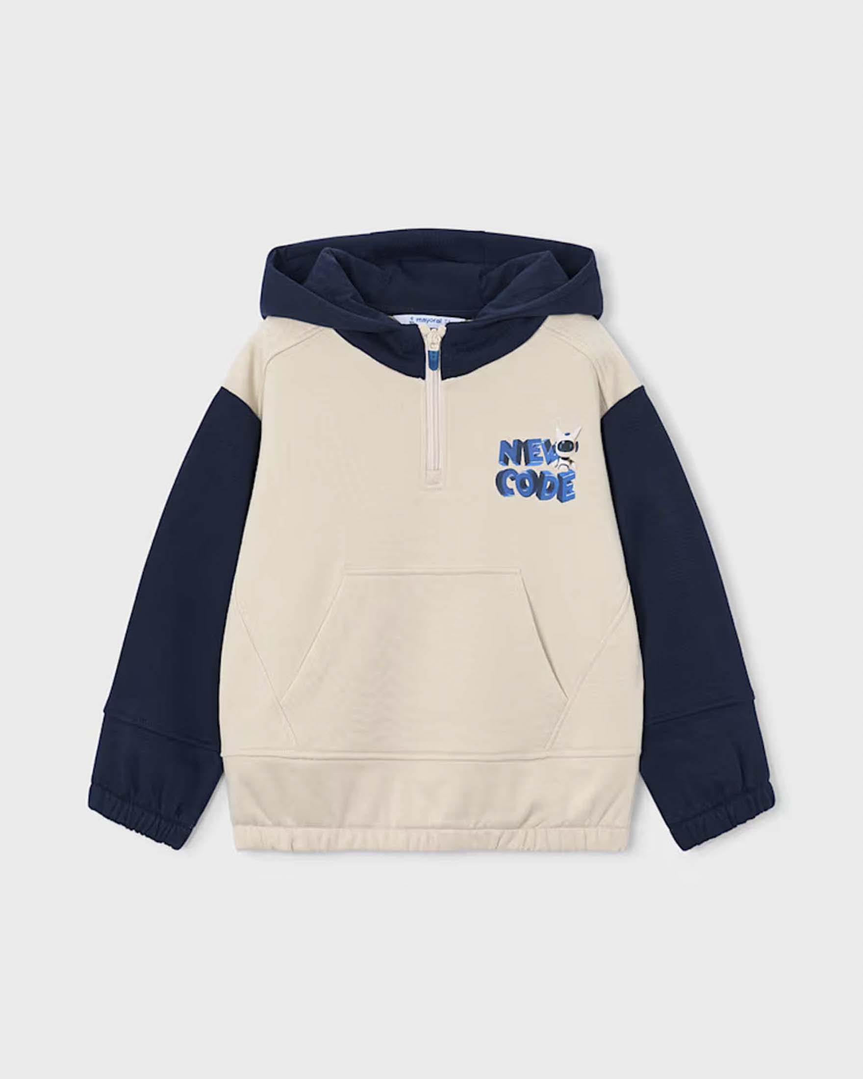 Felpa con cappuccio Mayoral bianca e blu in misto cotone con mezza zip e stampa