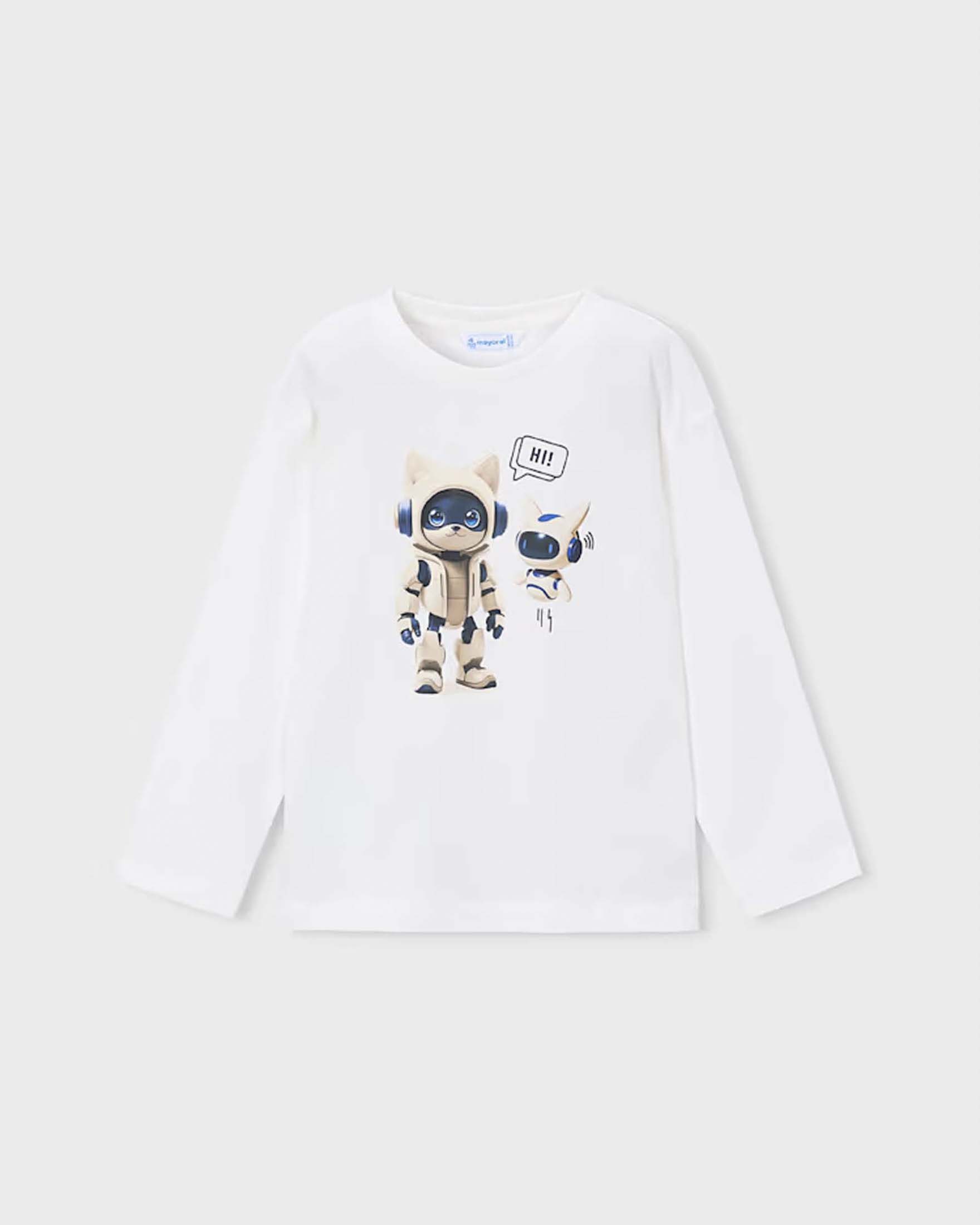 T-shirt manica lunga Mayoral bianca in cotone con stampa volpe robot