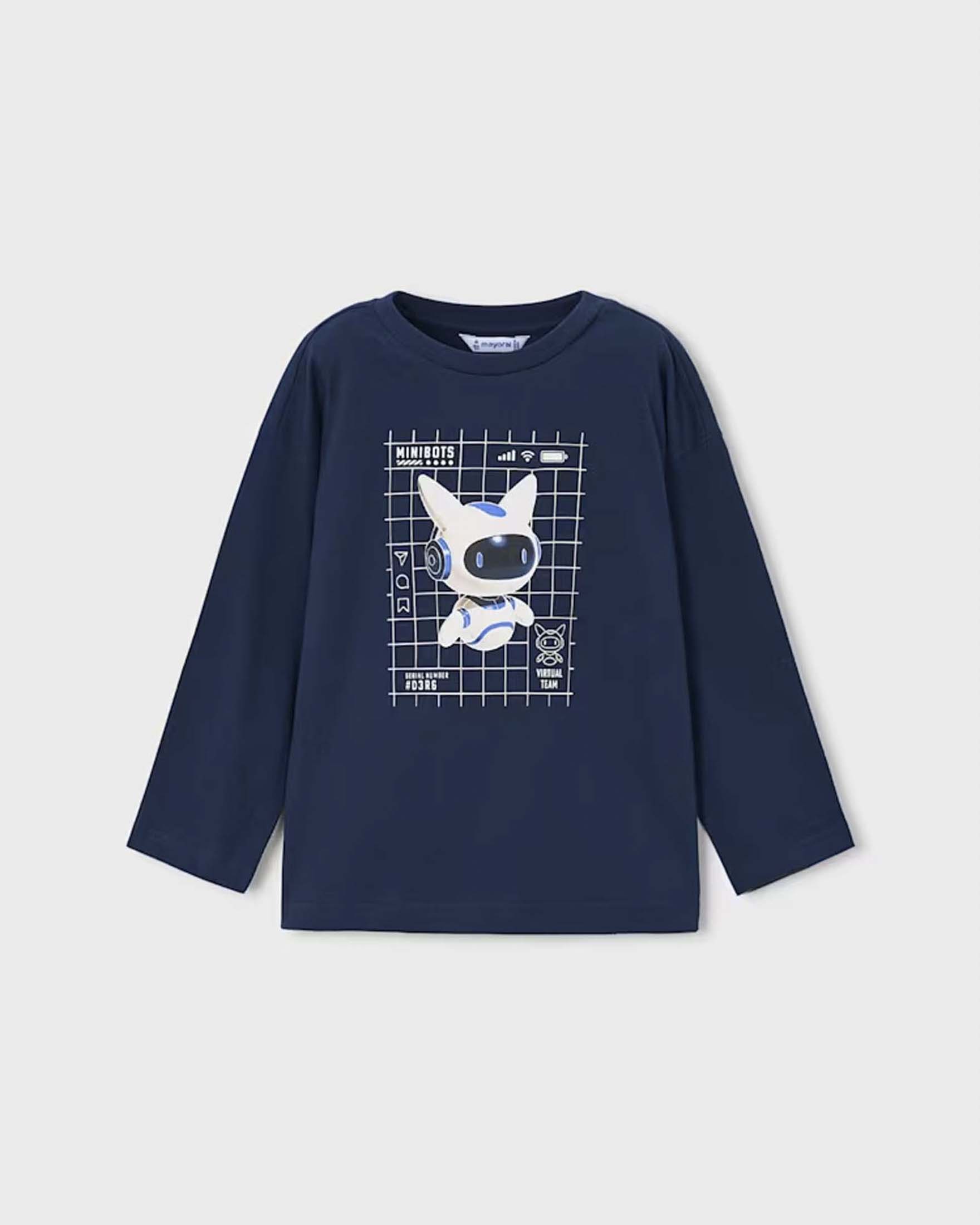 T-shirt a maniche lunghe Mayoral blu in cotone con stampa robot