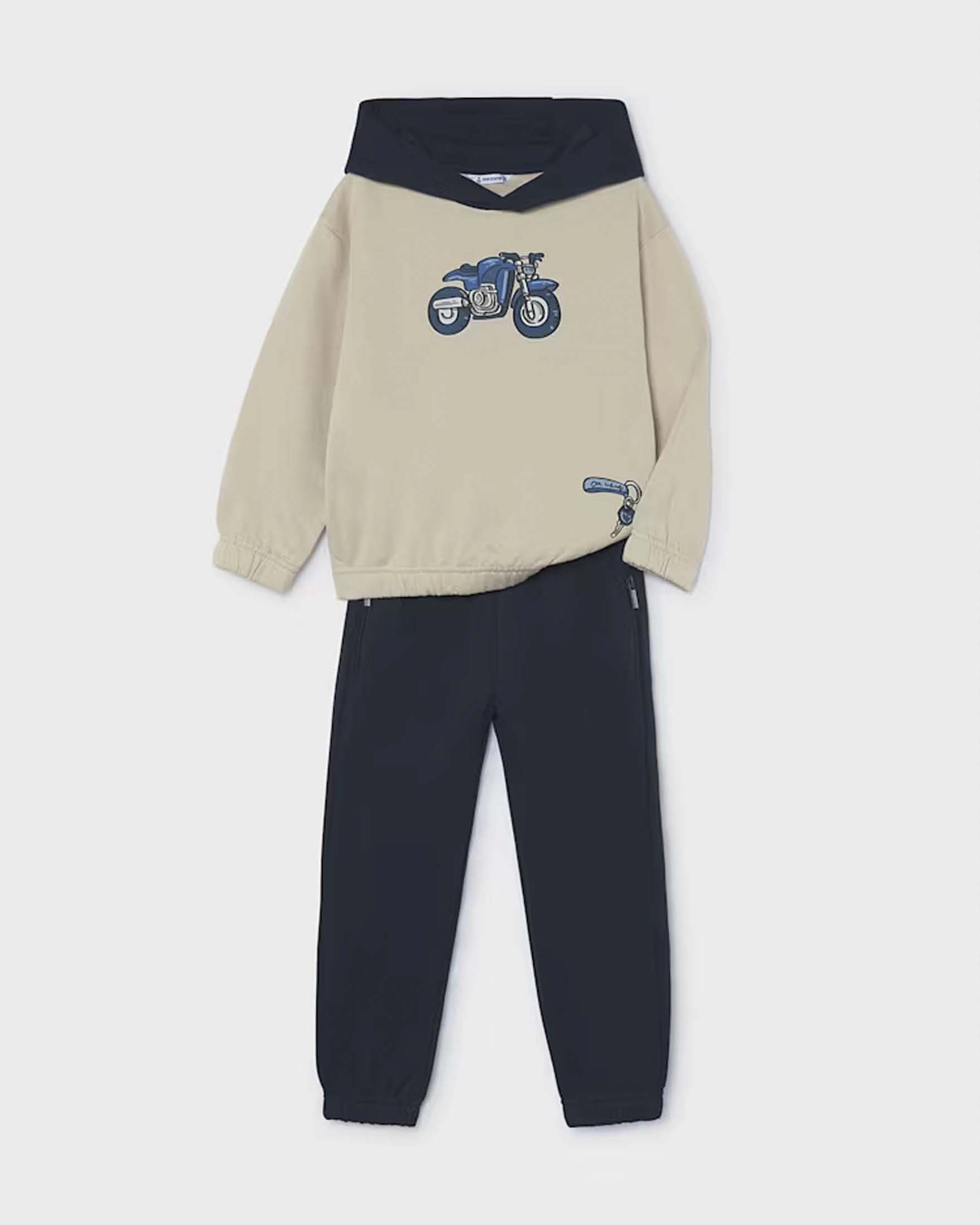 Tuta Mayoral beige in misto cotone con cappuccio e stampa motocicletta