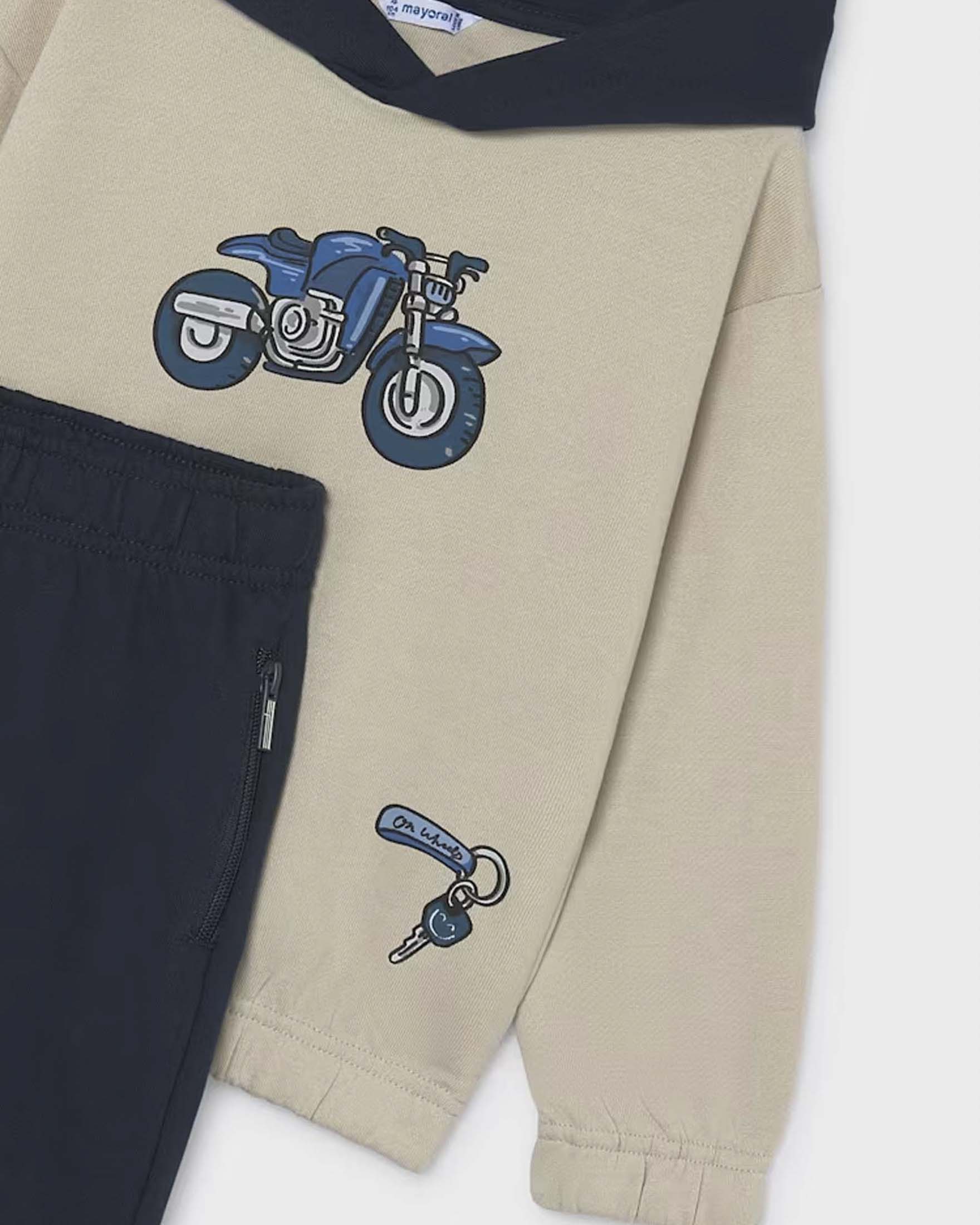 Tuta Mayoral beige in misto cotone con cappuccio e stampa motocicletta image
