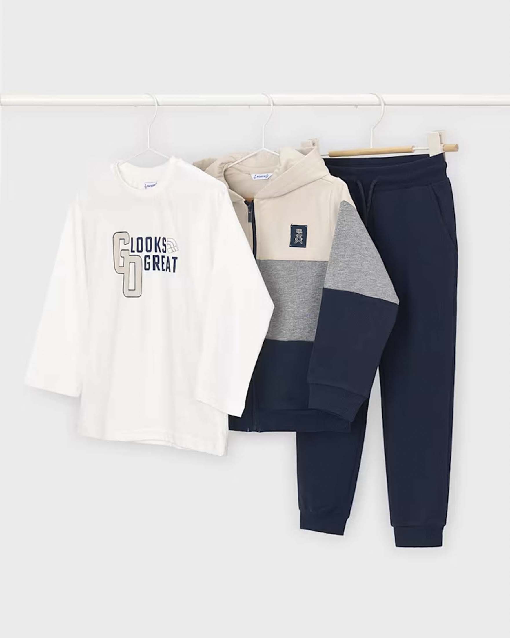Set tuta e T-shirt Mayoral bianco e blu in misto cotone con zip e stampa