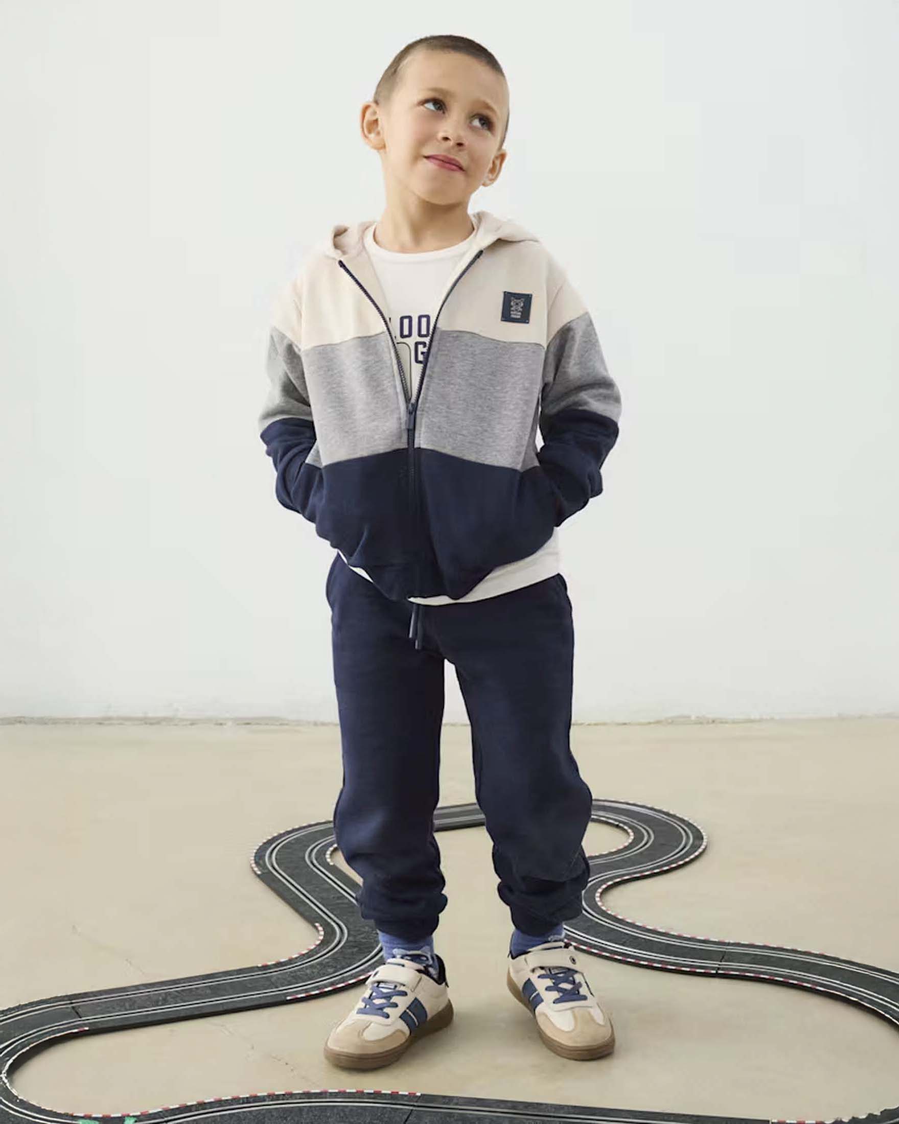 Set tuta e T-shirt Mayoral bianco e blu in misto cotone con zip e stampa image