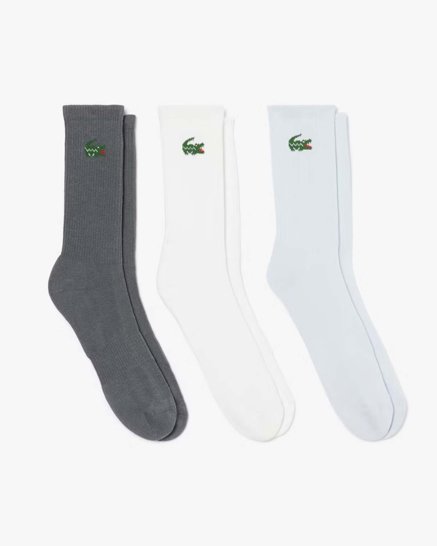 Set tre paia di calzini sportivi Lacoste grigio bianco e azzurro in cotone stretch