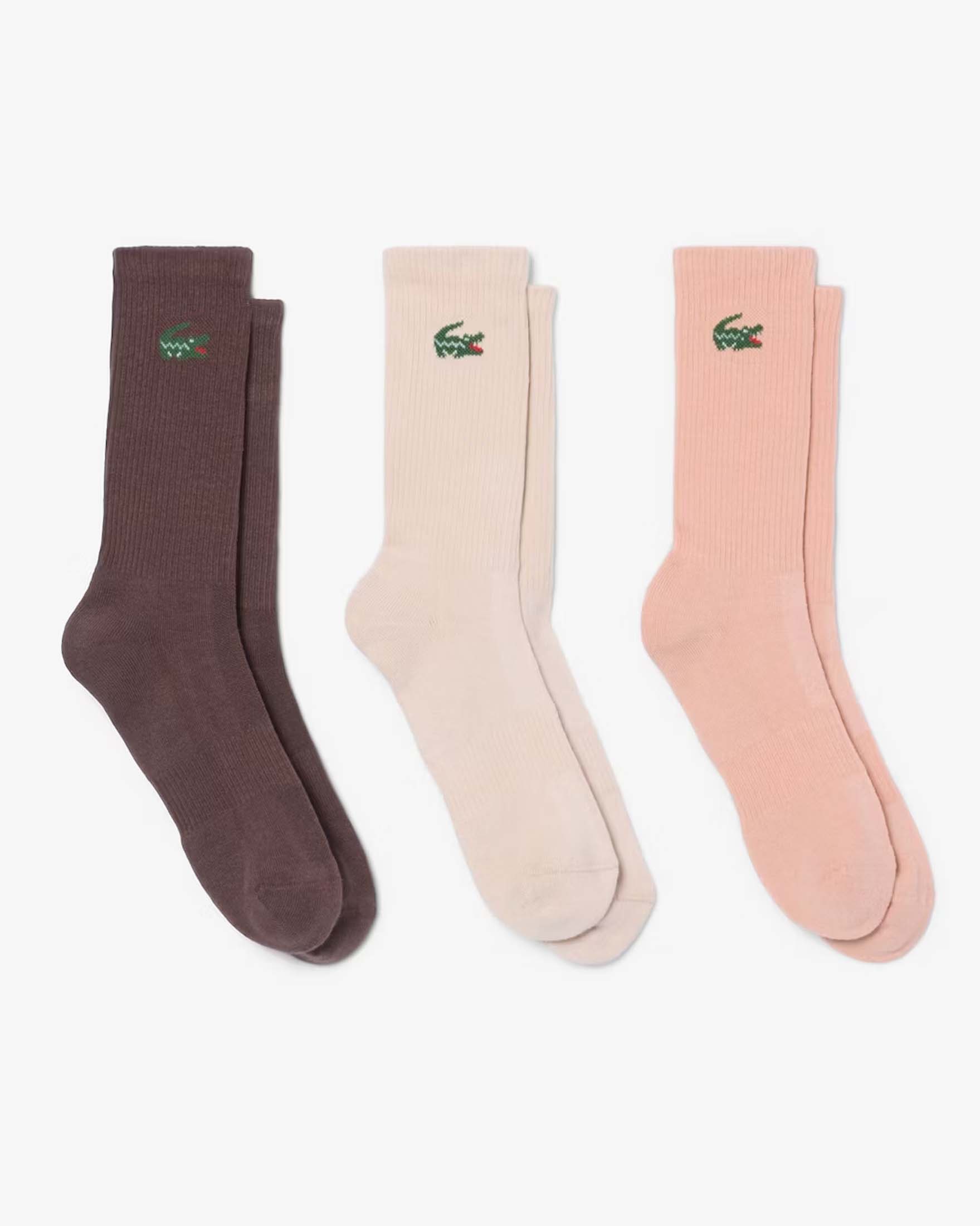 Set tre paia di calzini sportivi Lacoste marrone e rosa in cotone stretch