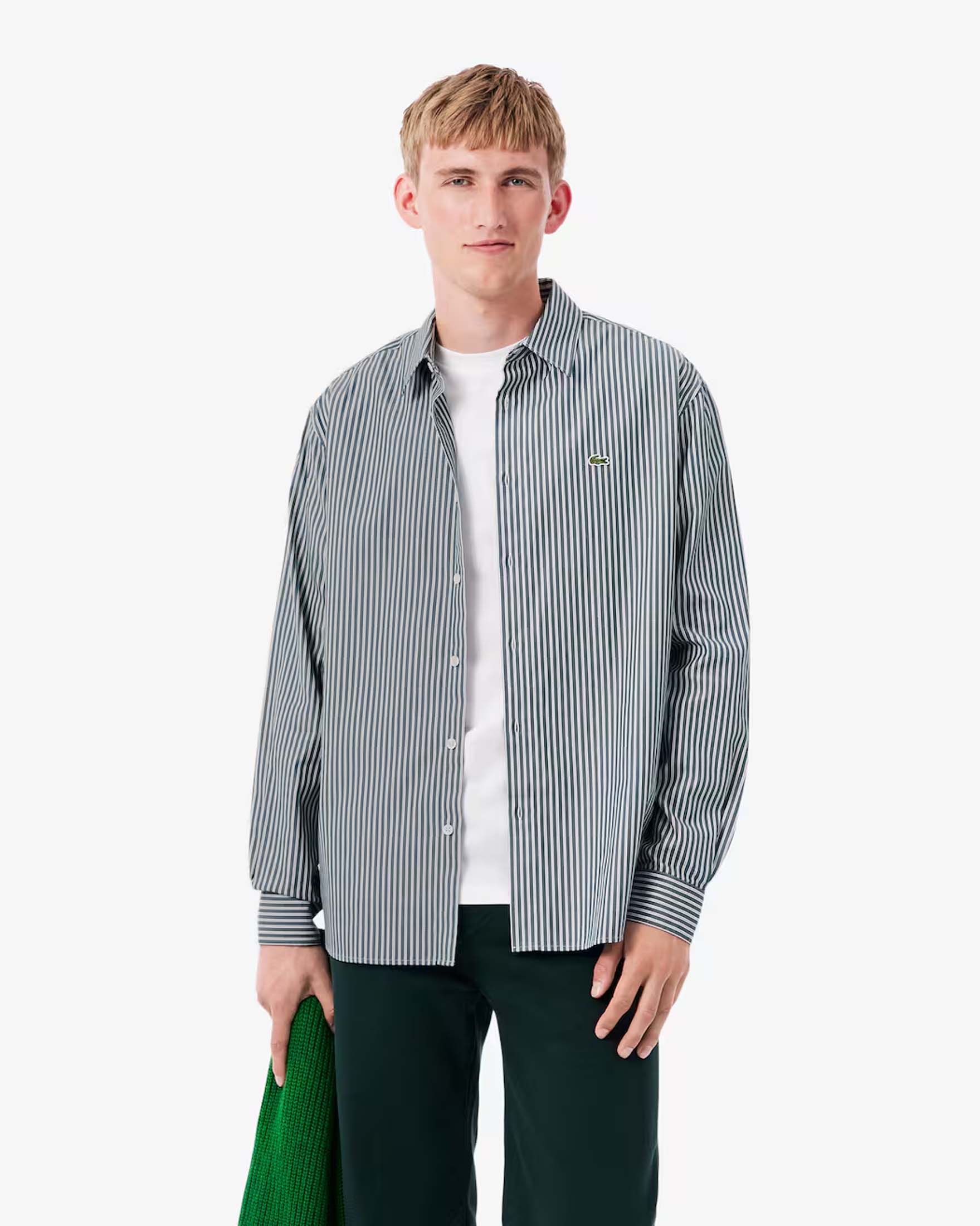 Camicia regular fit Lacoste a righe verdi e bianche in cotone pinpoint