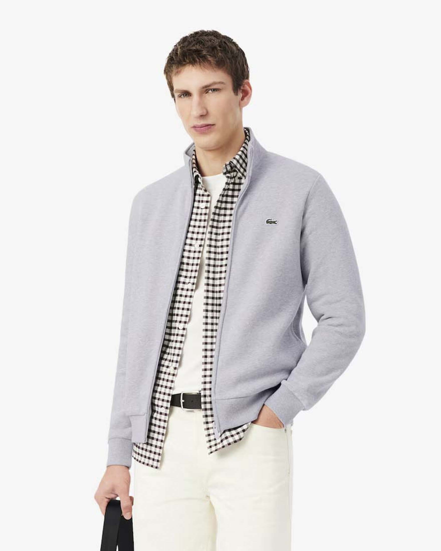 Felpa full zip Lacoste grigia in cotone felpato