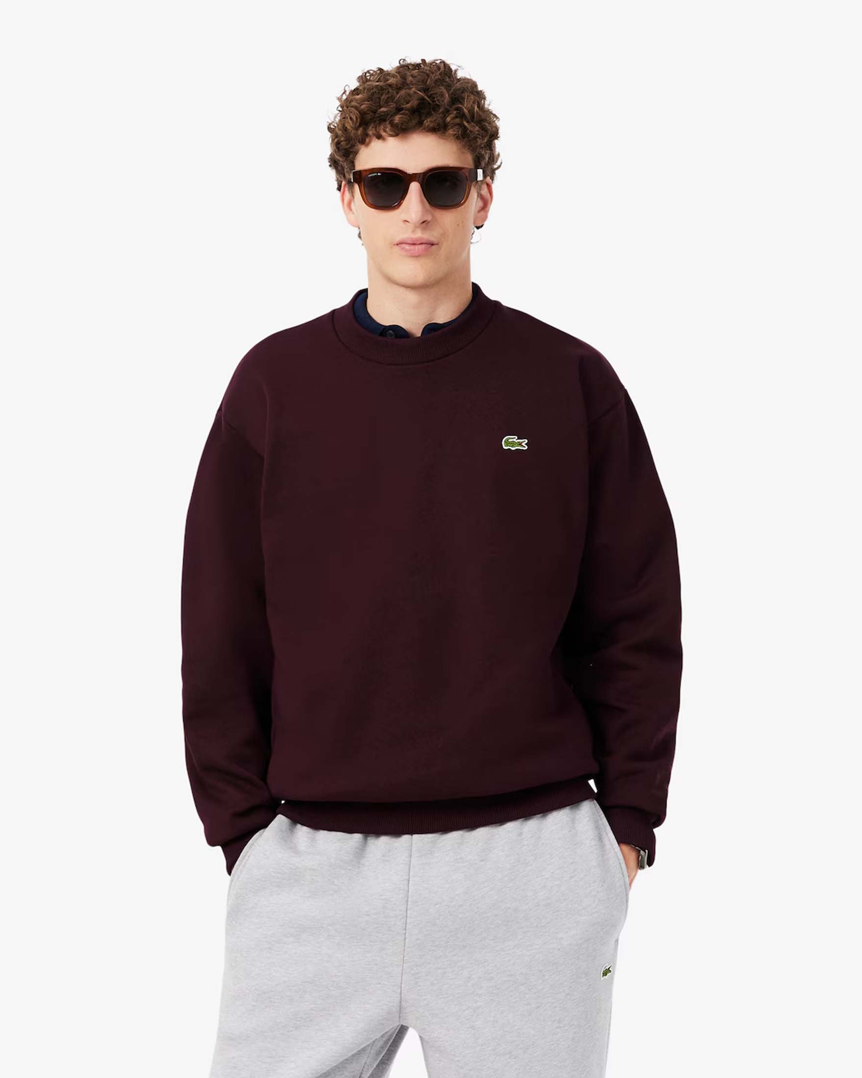 Felpa girocollo Lacoste bordeaux in cotone felpato