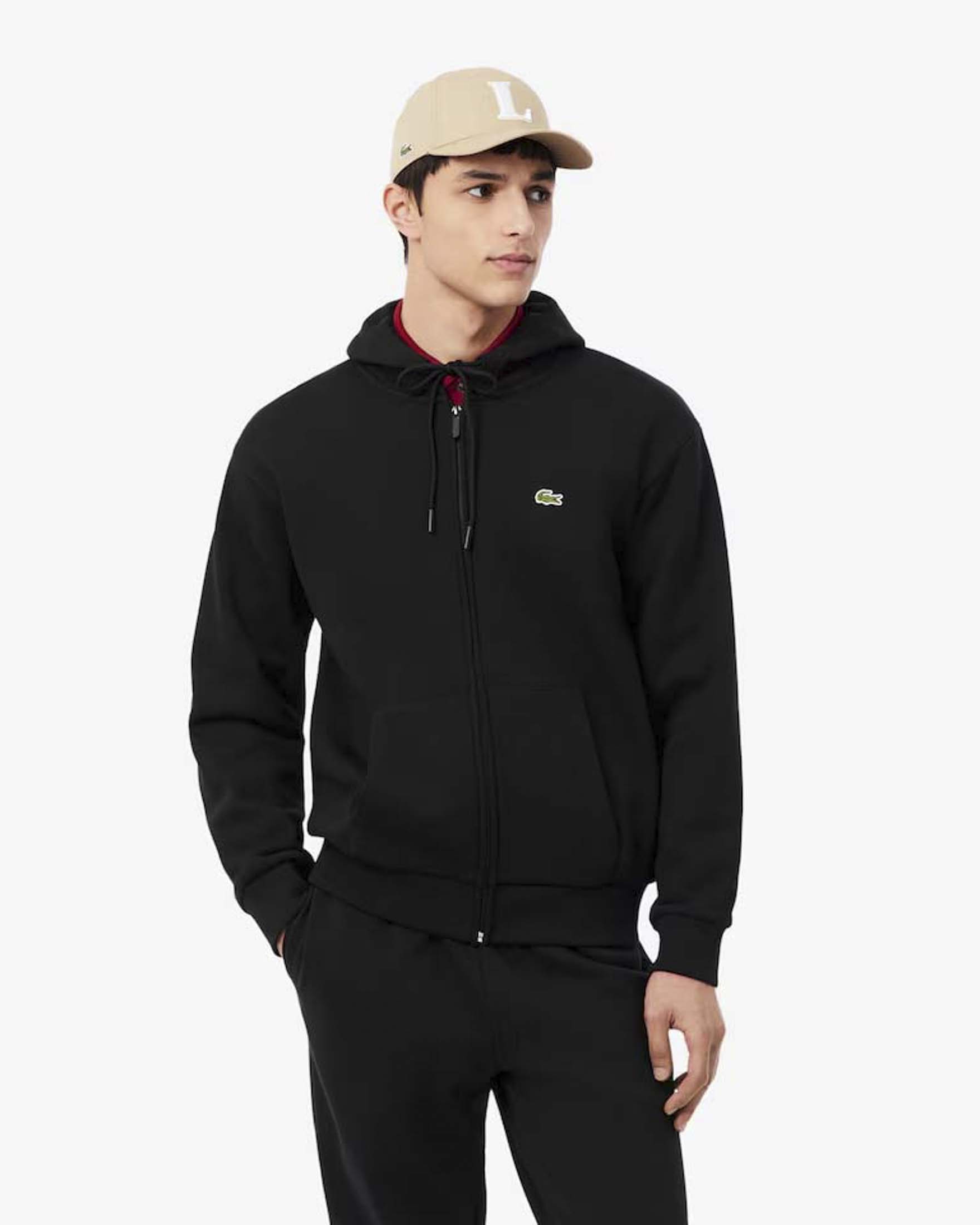 Felpa con cappuccio e zip Lacoste nera in cotone felpato