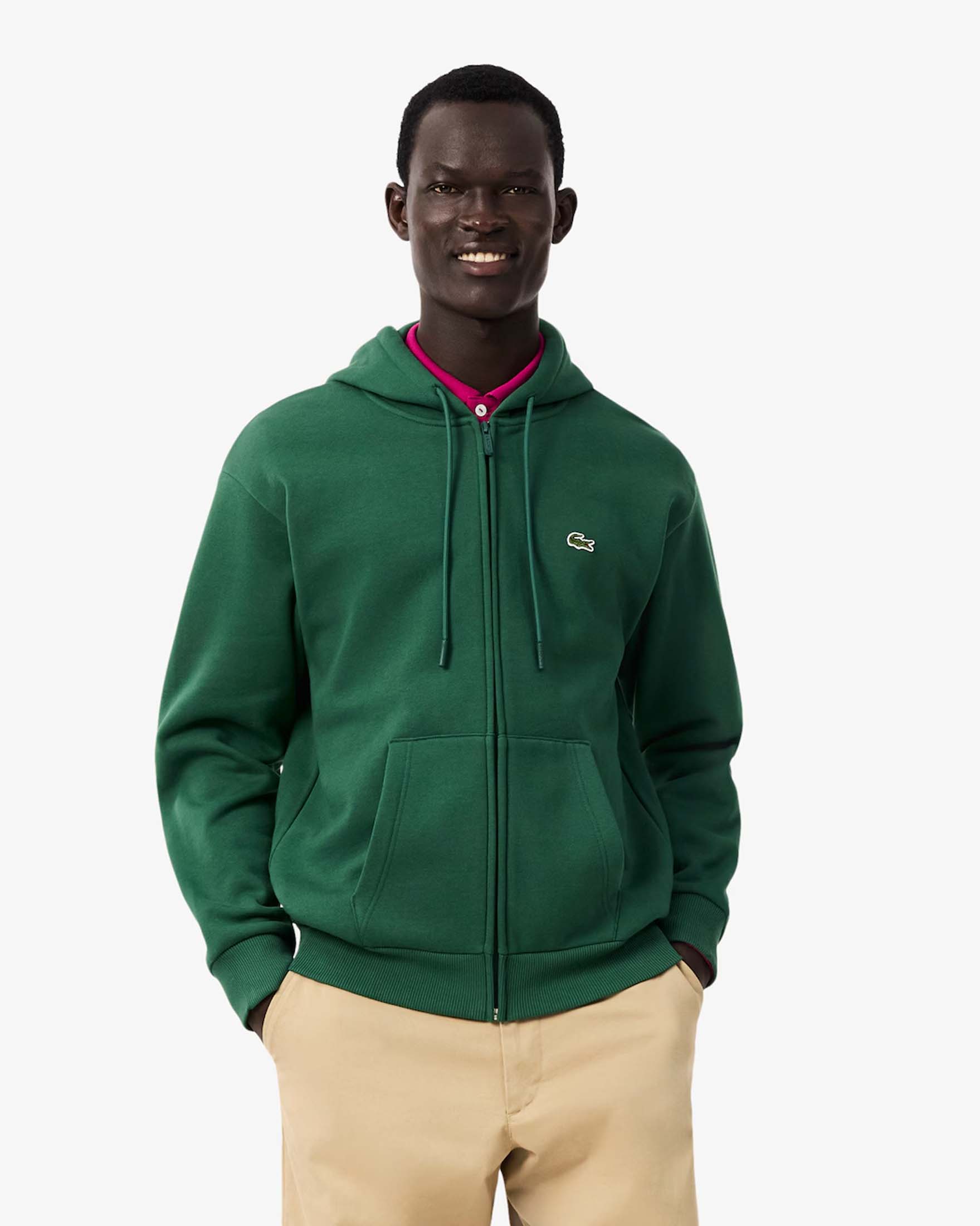 Felpa con cappuccio e zip Lacoste verde in cotone felpato