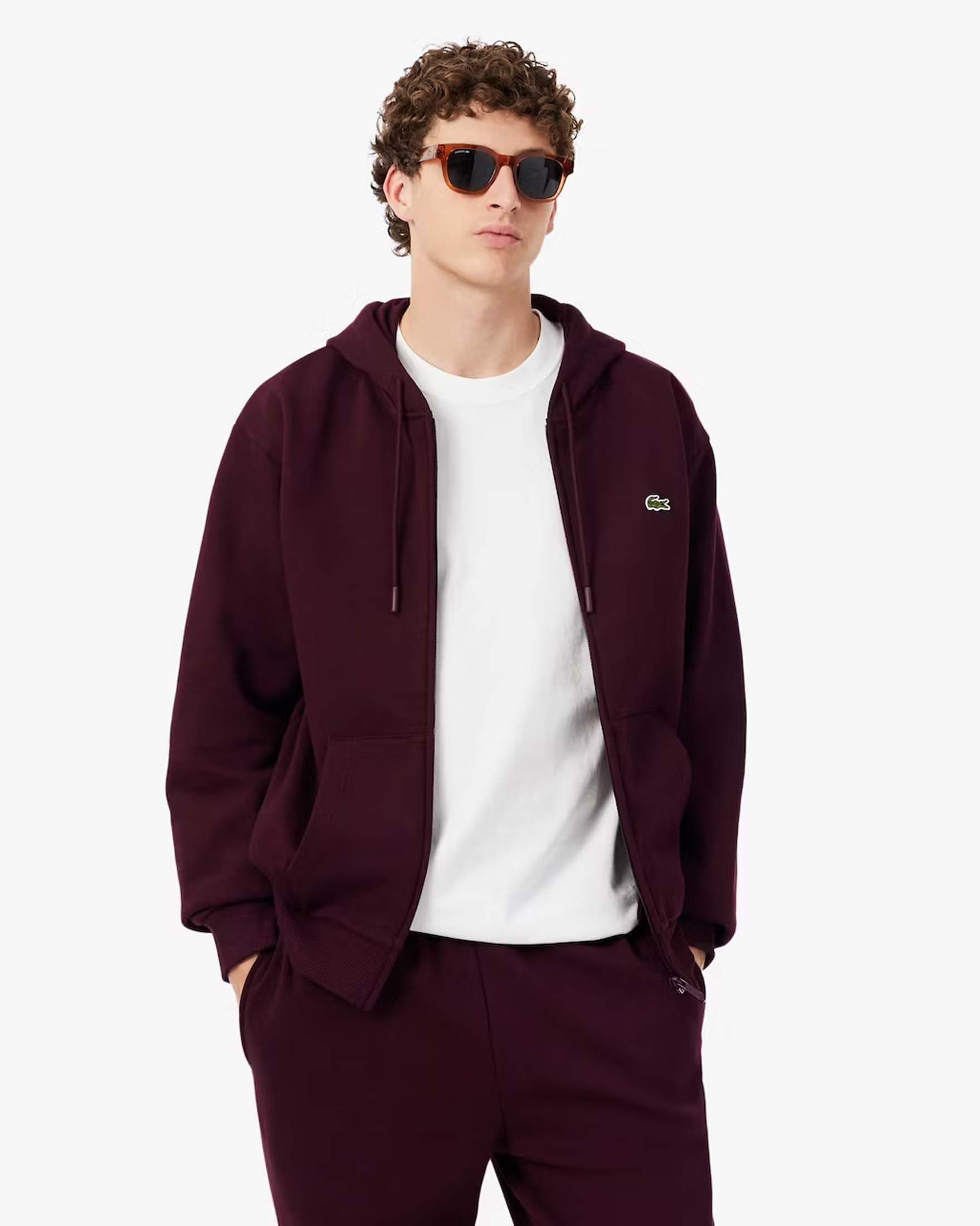Felpa con cappuccio e zip Lacoste bordeaux in cotone felpato
