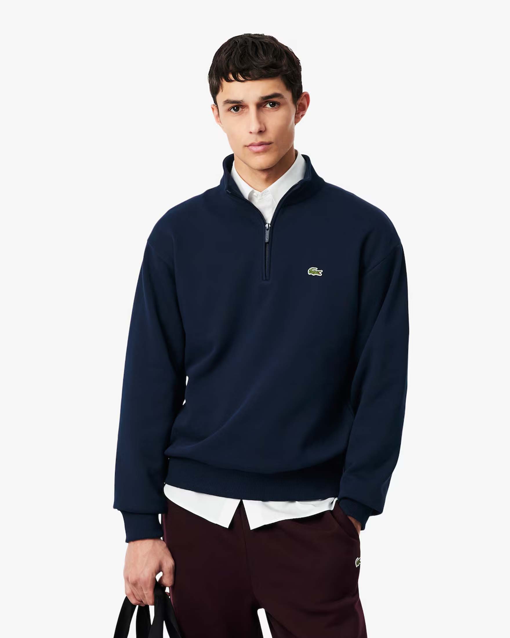 Felpa con mezza zip Lacoste blu in cotone felpato