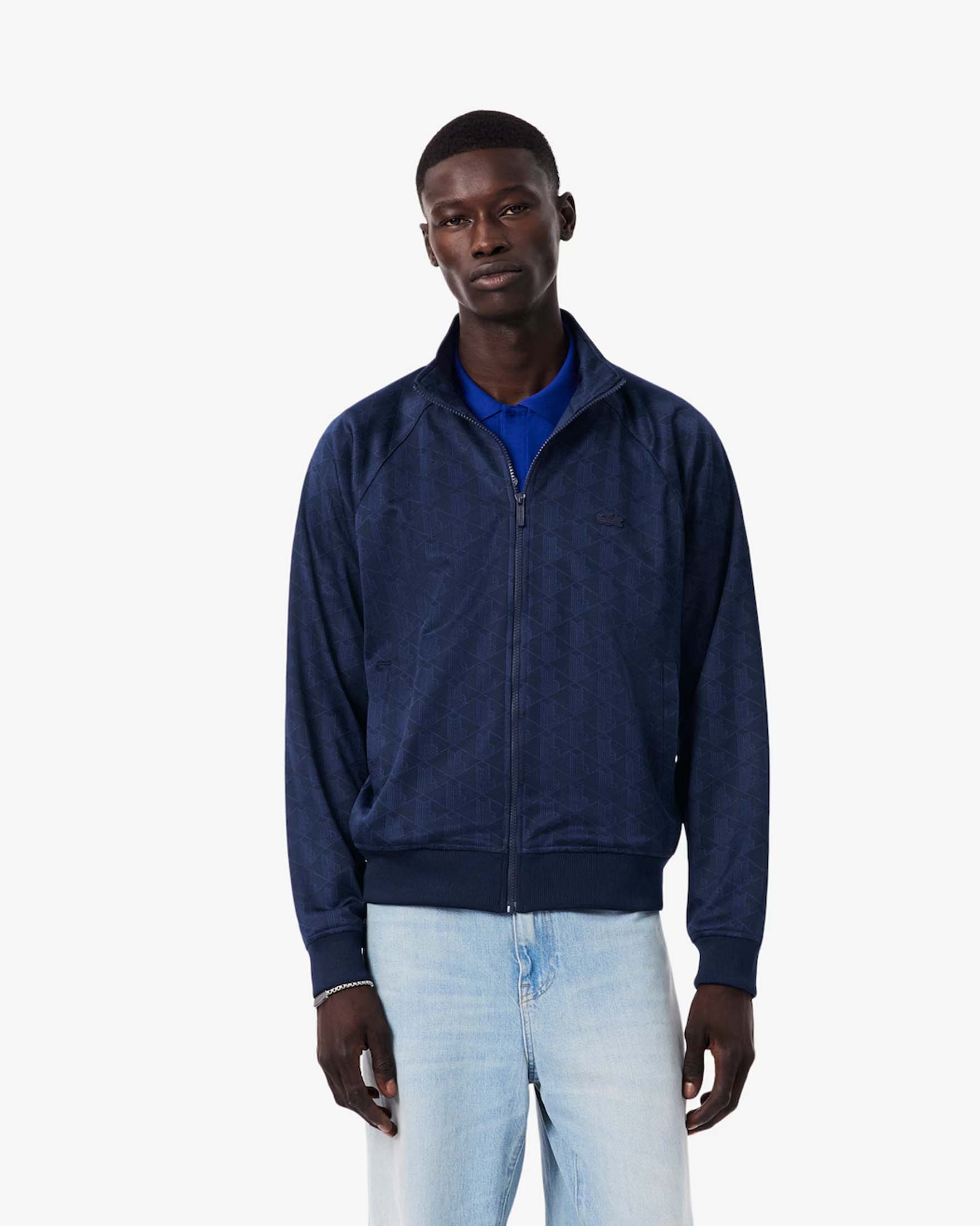 Felpa full zip Lacoste blu navy in tessuto jacquard con monogramma all over